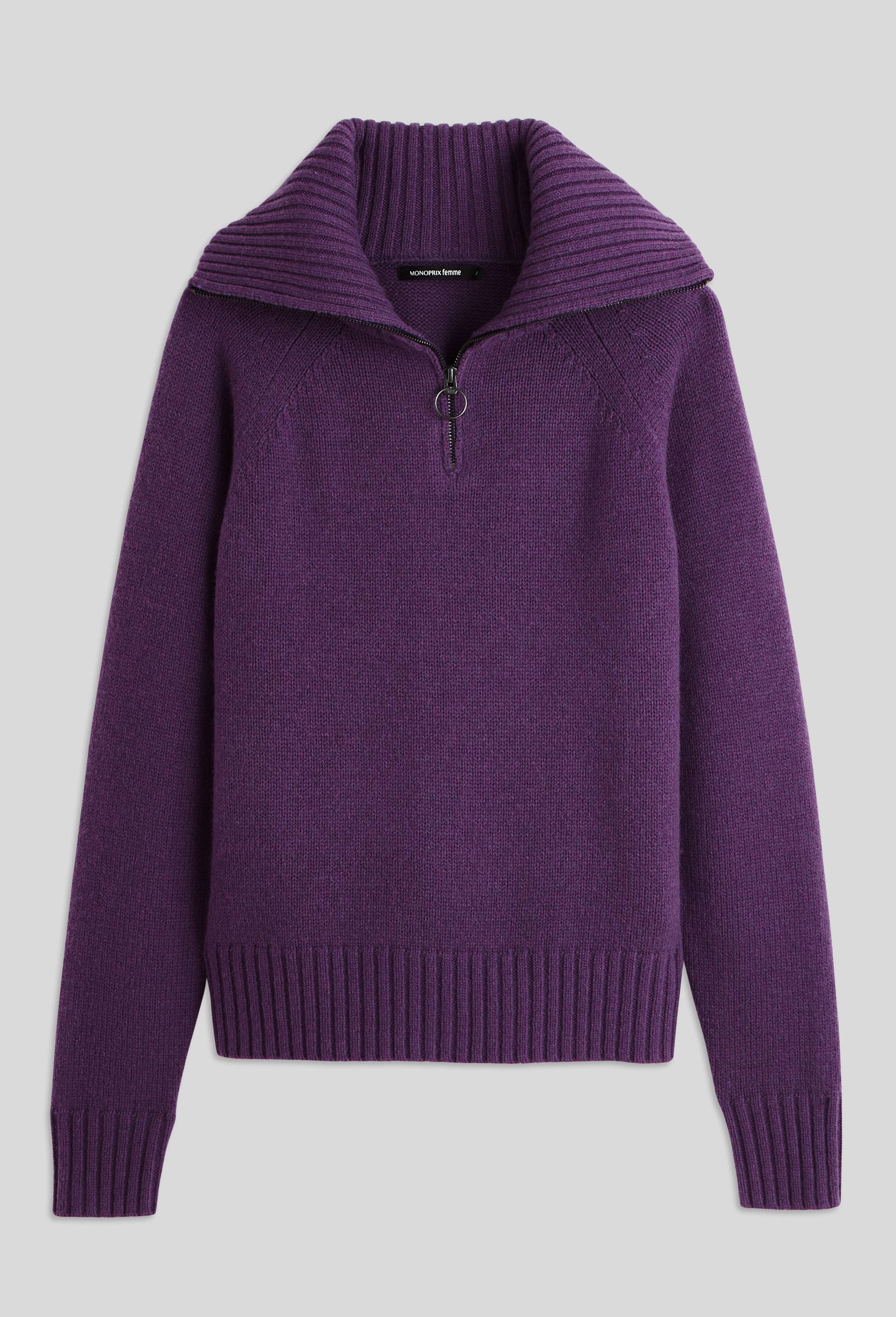 Pull col zippé contenant de la laine, Violet, large image number 2.0
