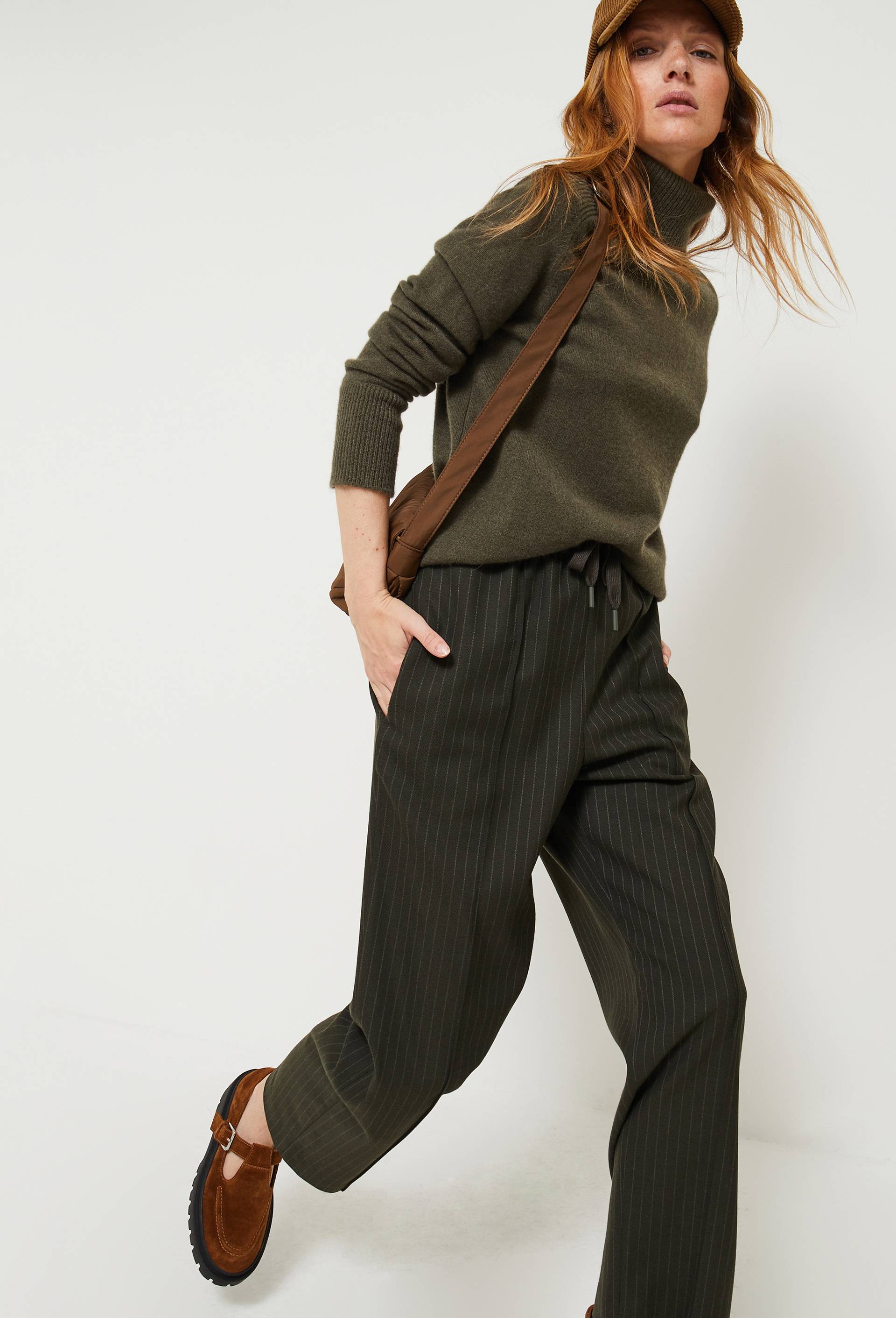Pantalon rayé taille élastiquée, certifié OEKO-TEX, Beige foncé, large image number 0