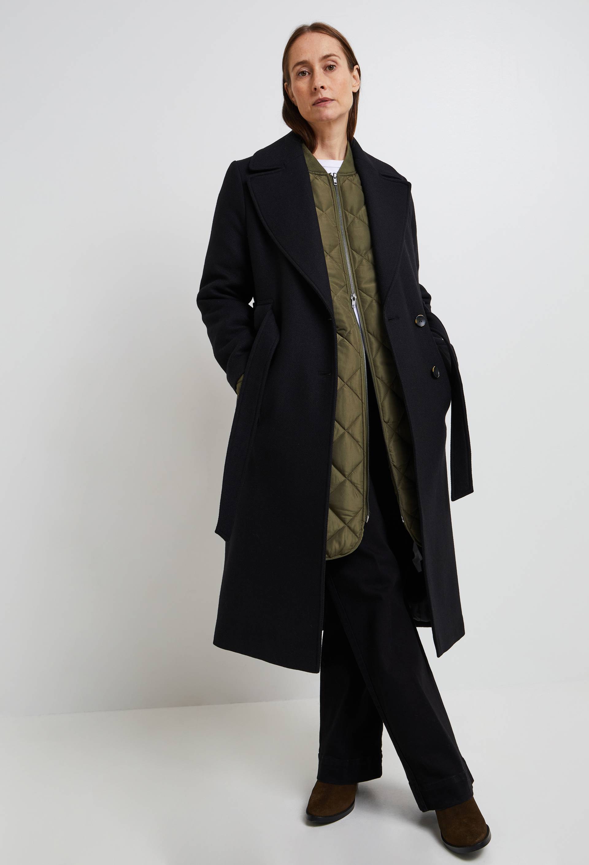 Manteau long ceintur&eacute; contenant de la laine, Noir, large image number 0.0