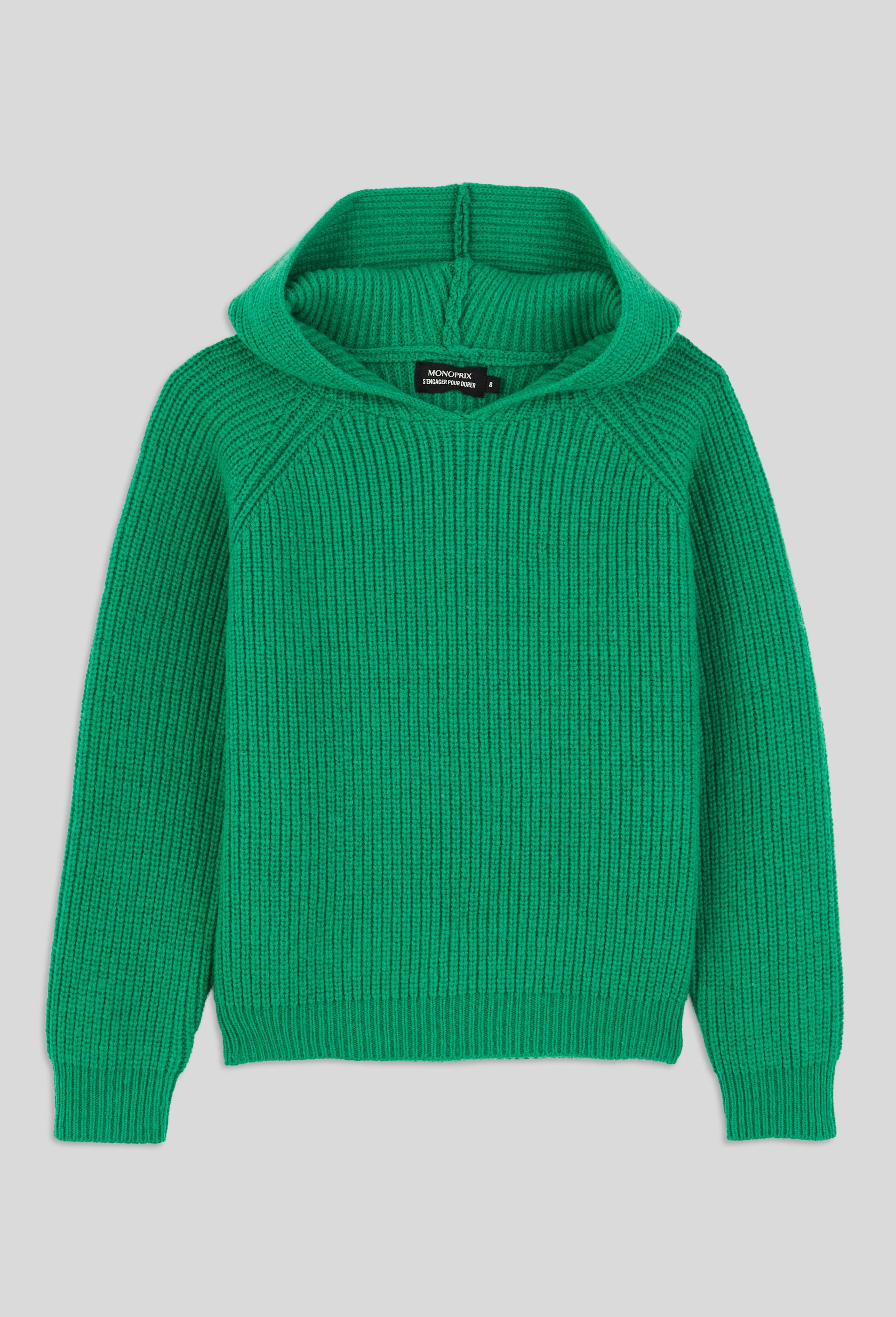 Pull à capuche uni contenant de la laine, certifié OEKO-TEX, Vert, large image number 1