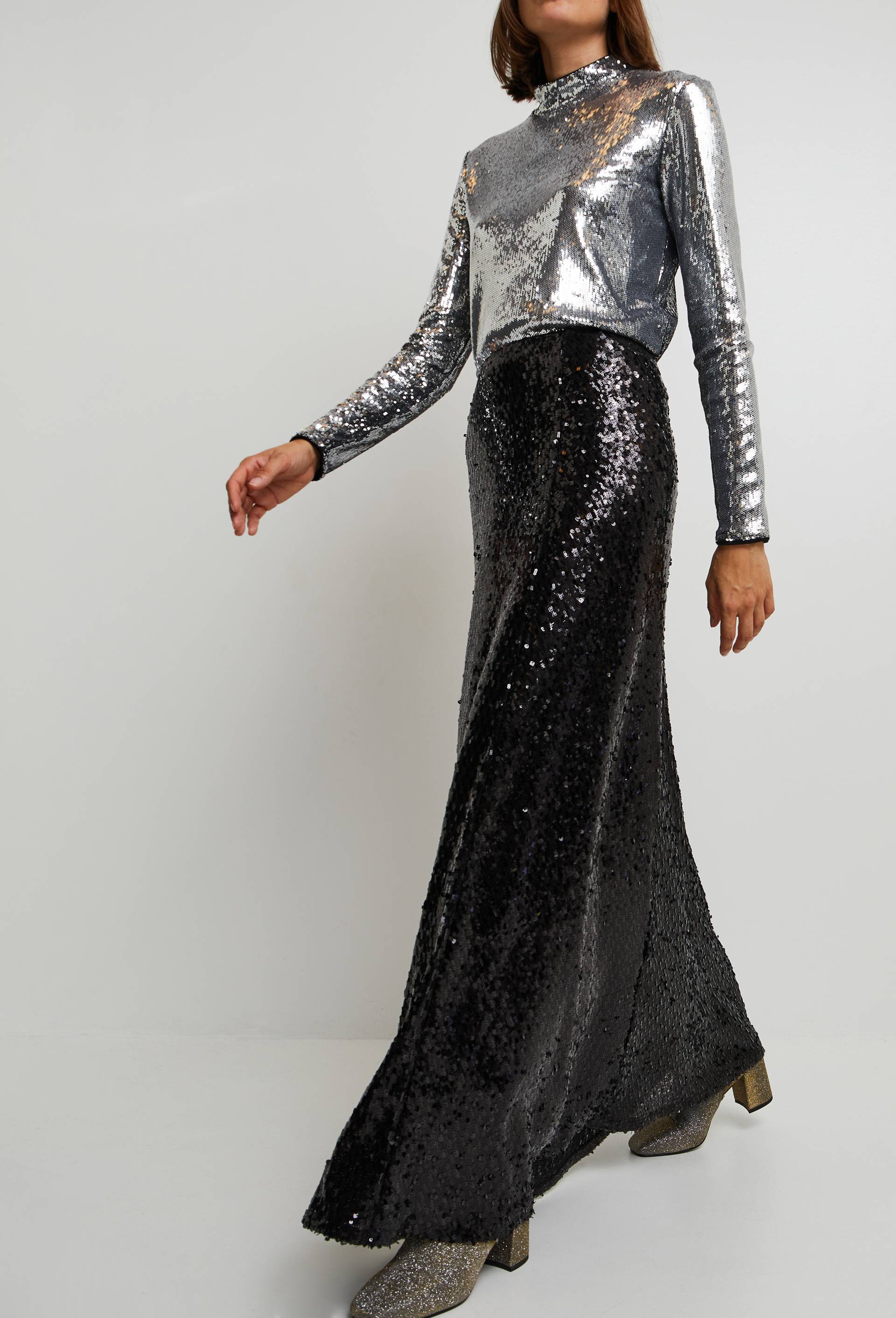 Jupe longue &agrave; sequins, contenant du polyester recycl&eacute;, Noir, large image number 0