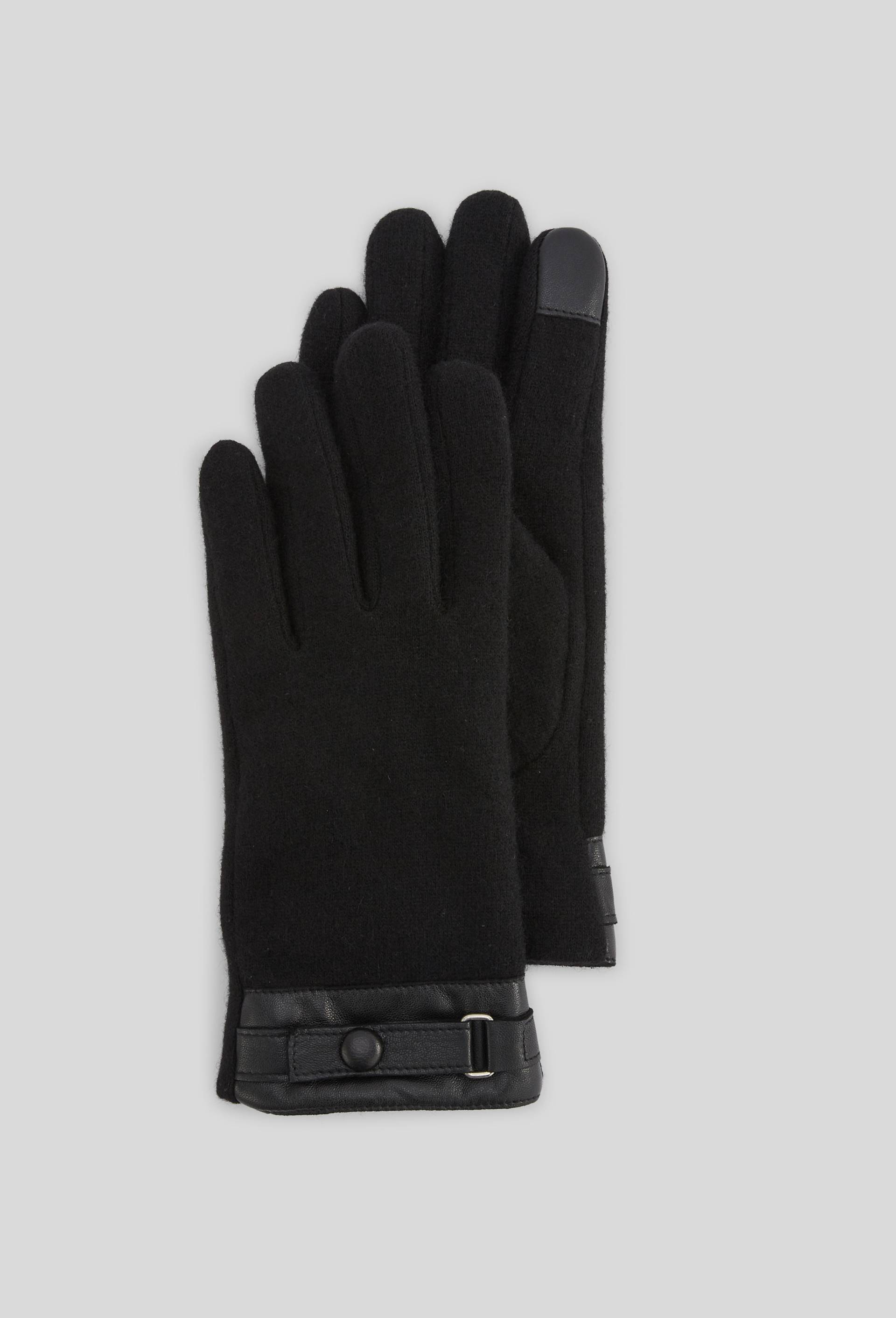Gants tactiles bi-mati&egrave;re en cuir et laine, Noir, swatch image