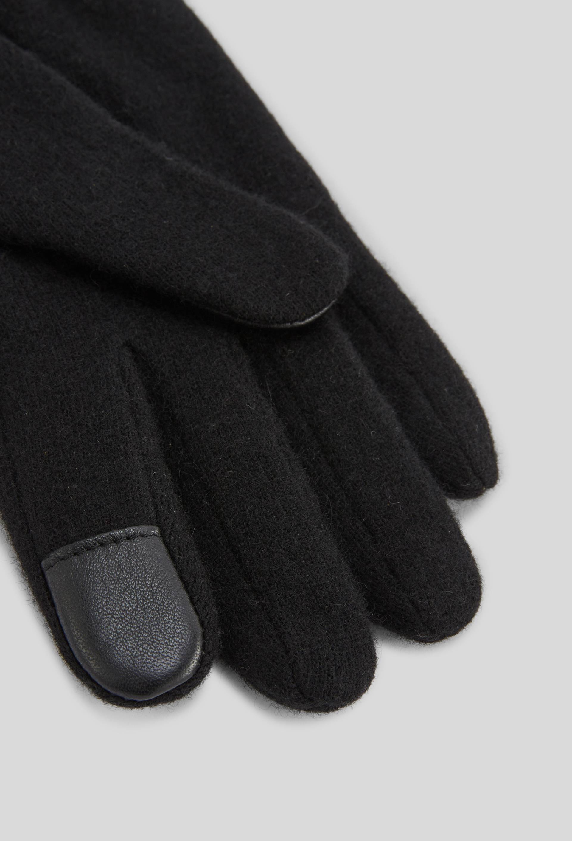 Gants tactiles bi-mati&egrave;re en cuir et laine, Noir, large image number 1