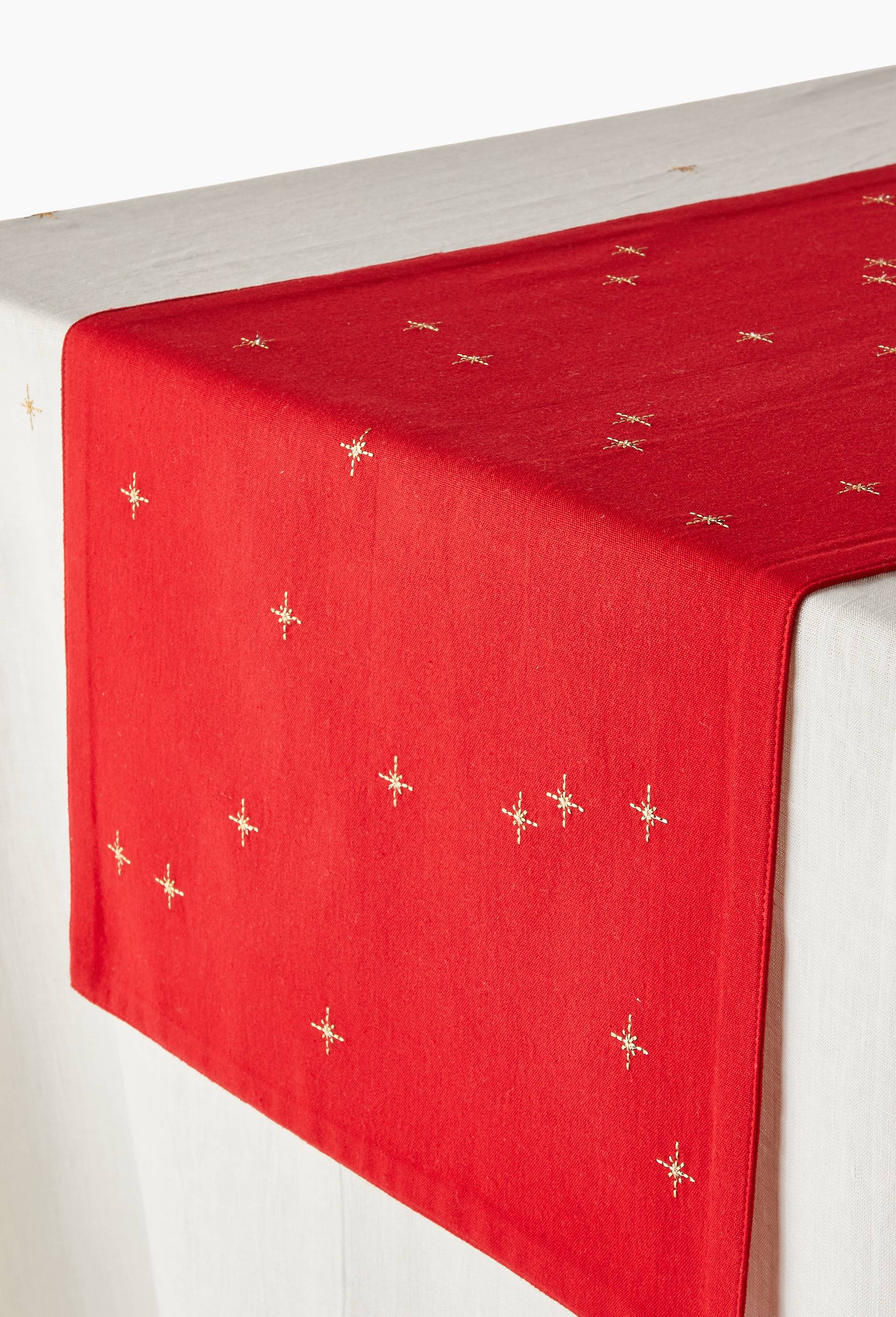 Chemin de table brod&eacute; rouge, 40x150cm, 100% coton, Rouge, large image number 1