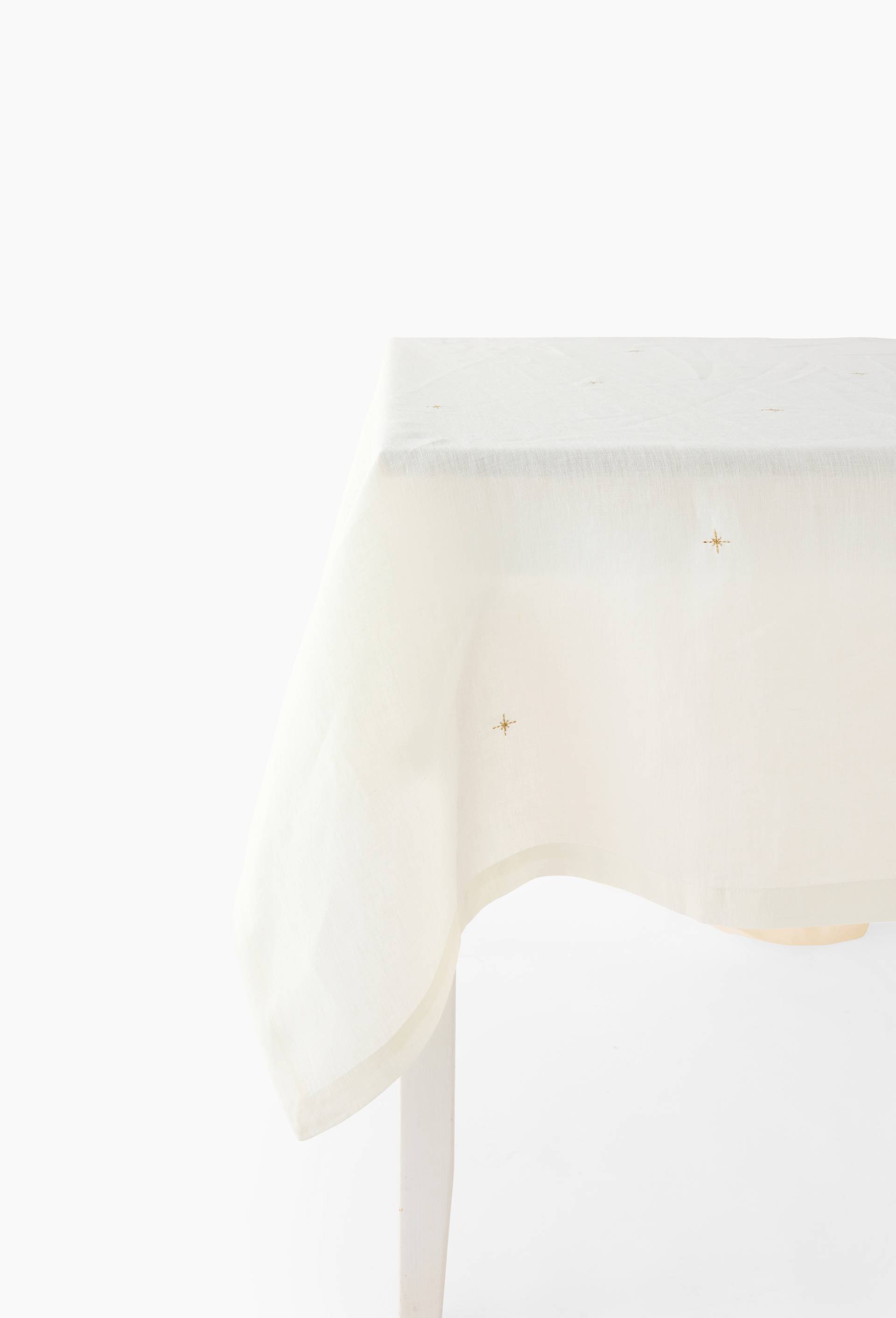 Nappe rectangulaire broderies &eacute;toiles, 170x250cm, 100% lin, Jaune, large image number 0