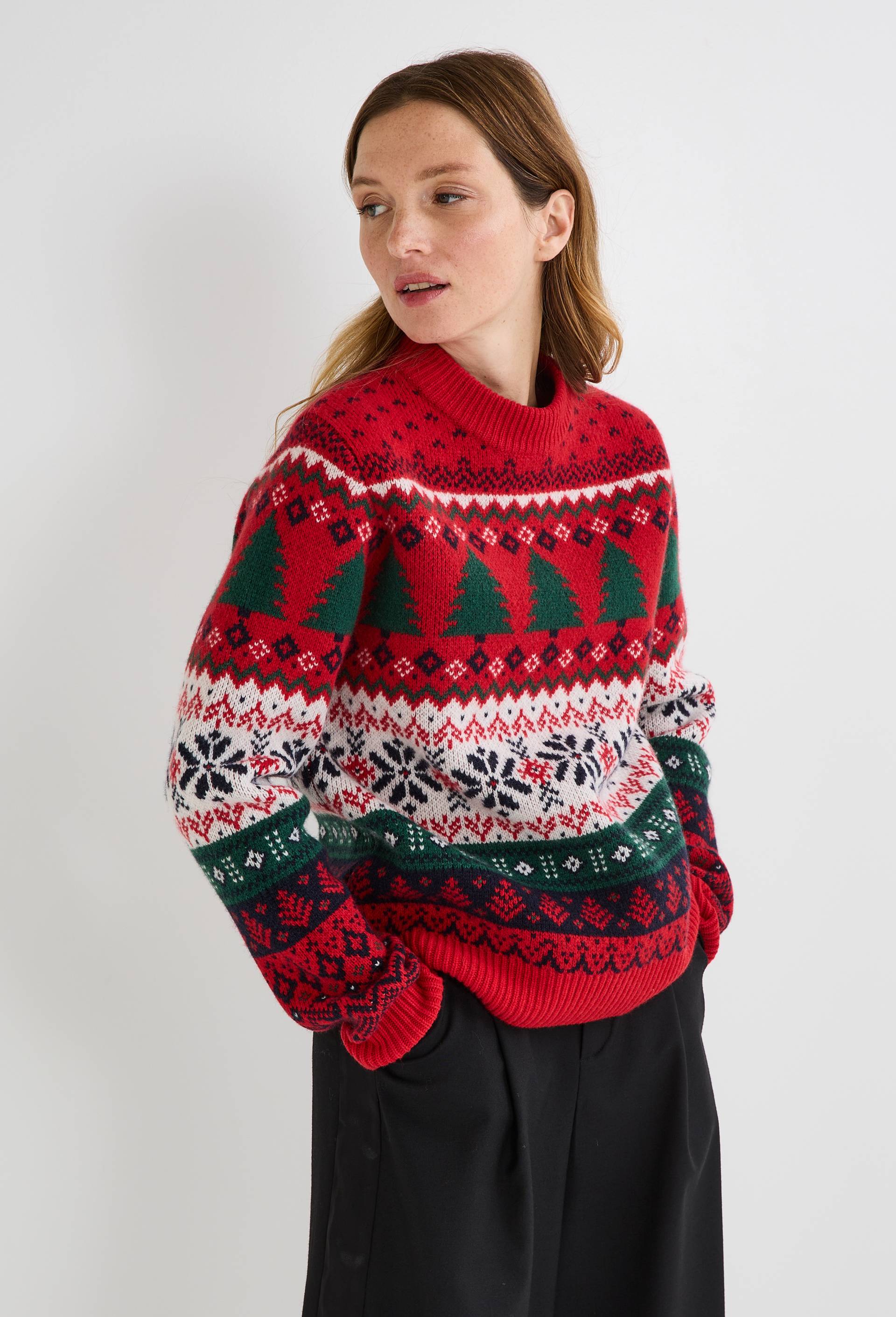 Pull jacquard fantaisie en laine;, Rouge, swatch image