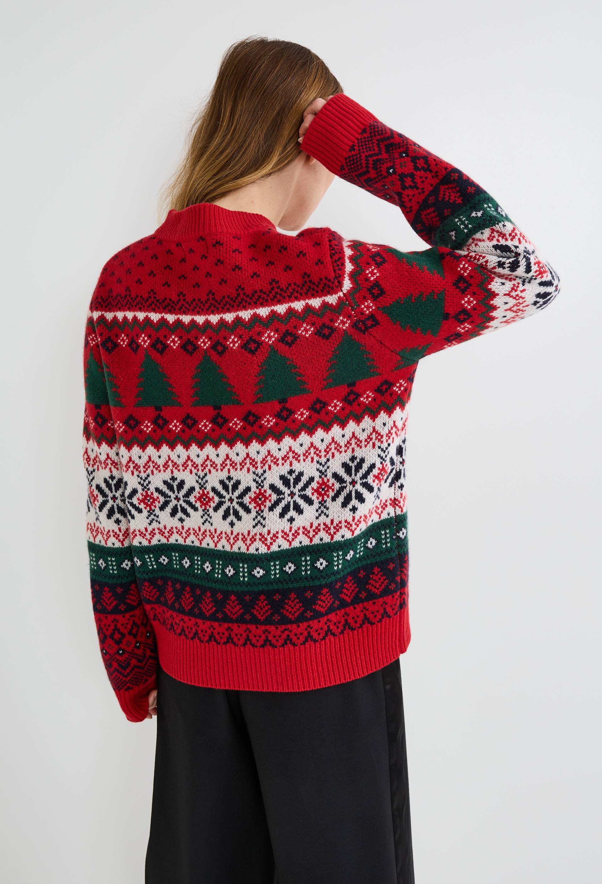 Pull jacquard fantaisie en laine;, Rouge, large image number 1