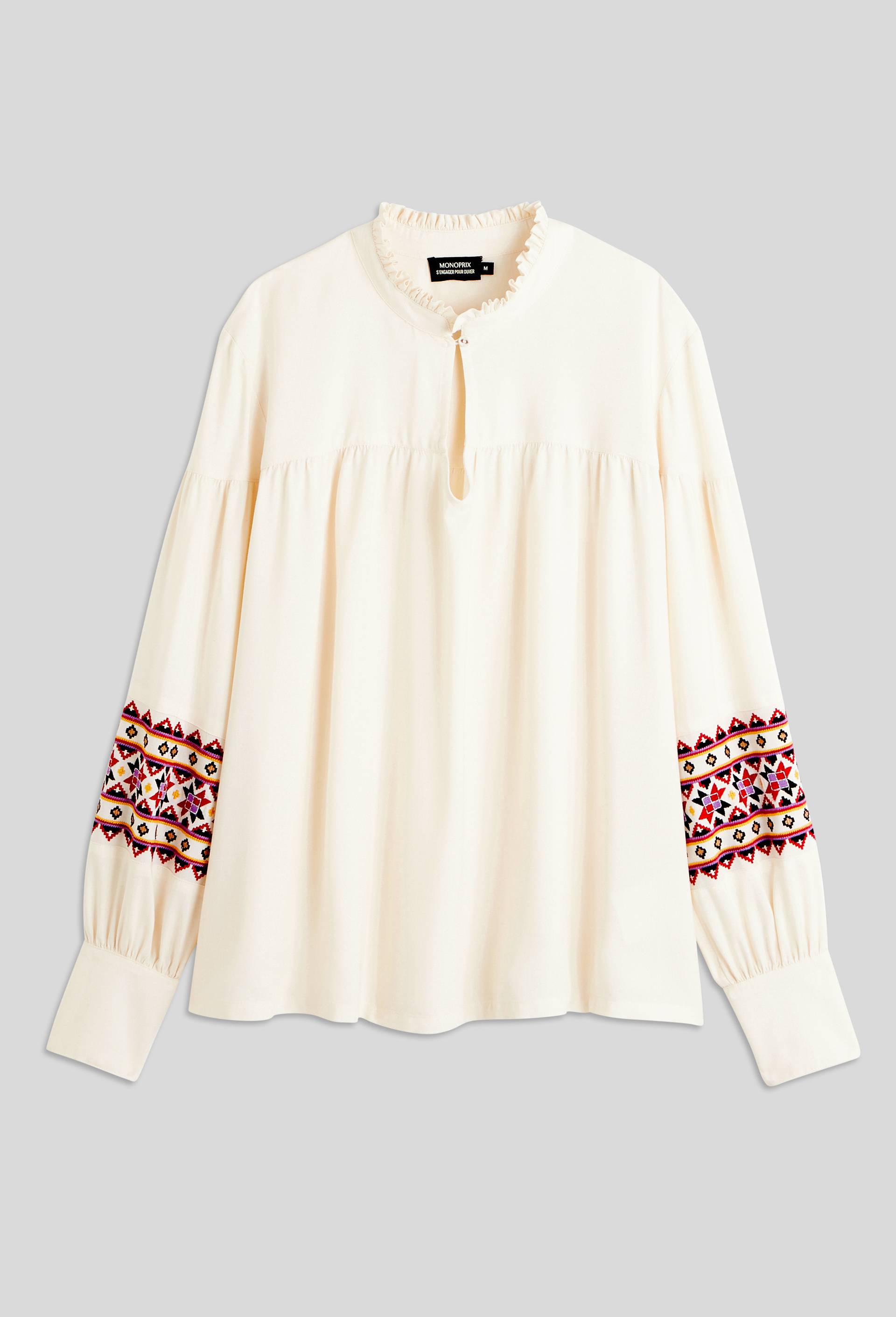 Blouse unie avec détails broderie sur les manches, certifié EcoVero, Ecru, large image number 2