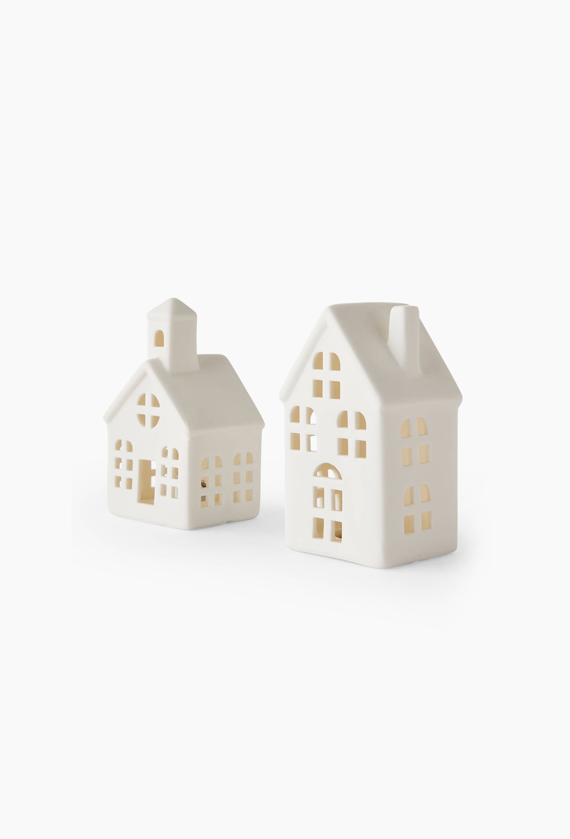 Lot de 2 maisons LED,  7,4x5,2x10,7cm, en c&eacute;ramique, Blanc, large image number 0