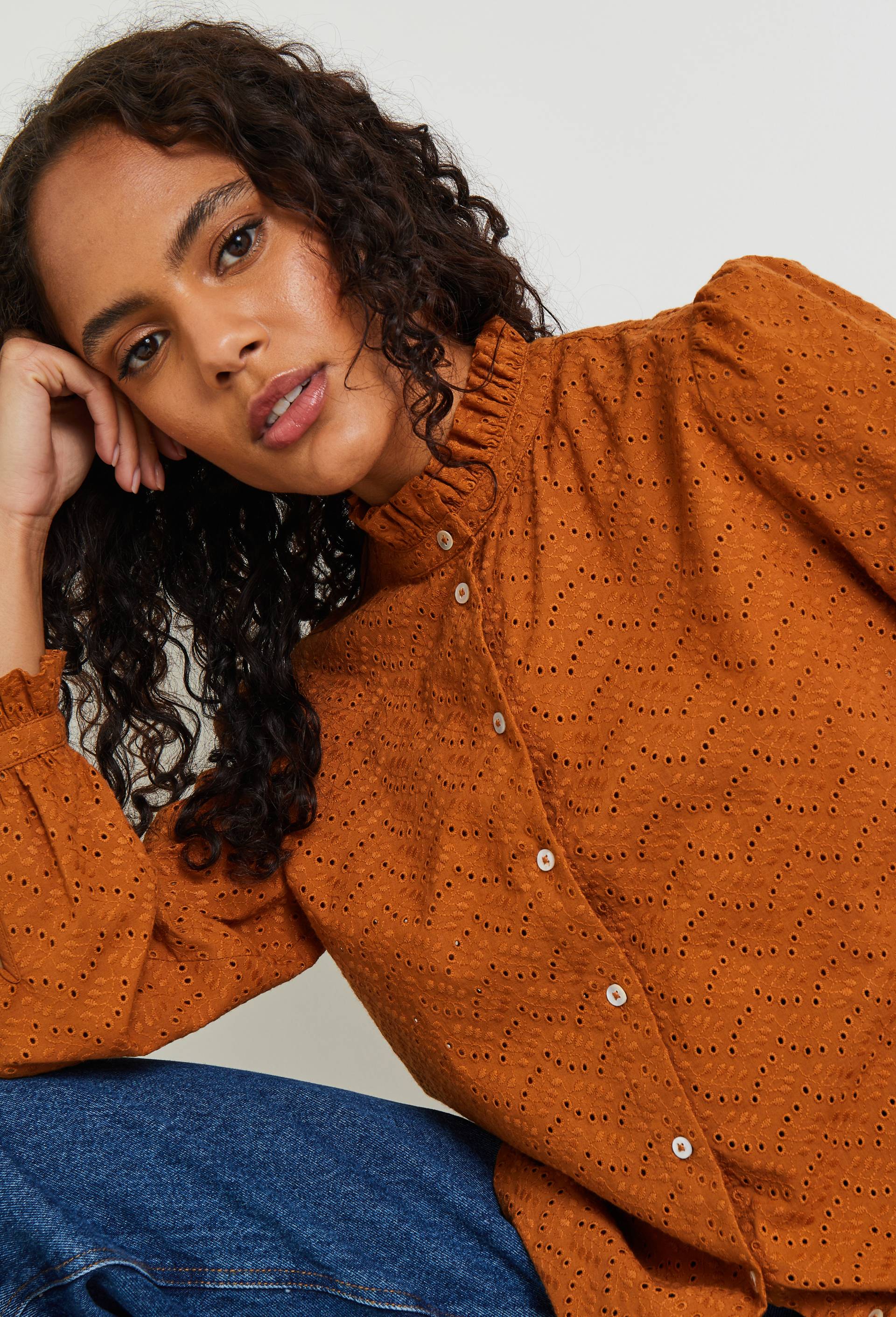 Blouse manches longues en broderie anglaise en coton, Brun, swatch image
