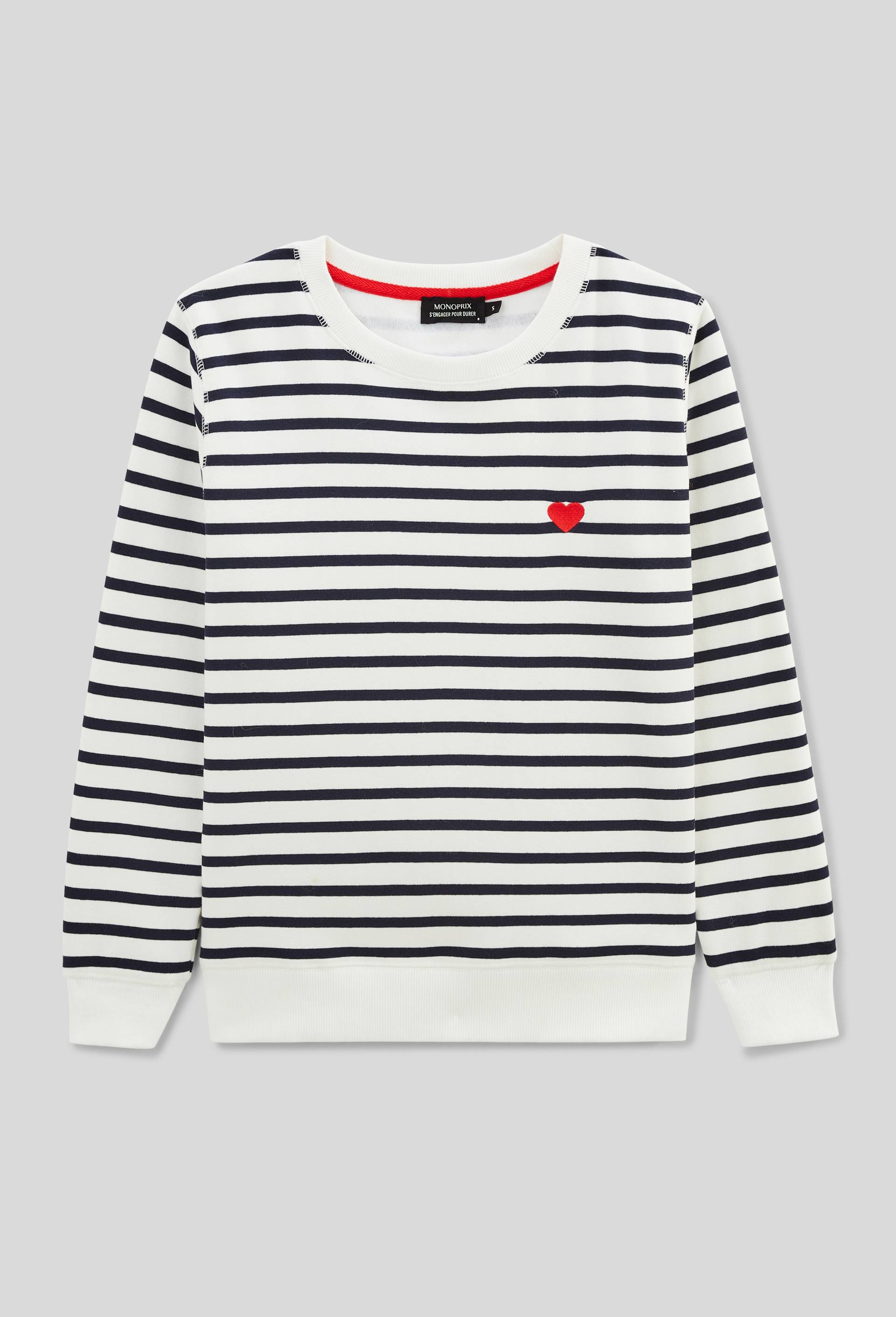 Sweat marinière avec broderie coeur en molleton, Blanc, large image number 2