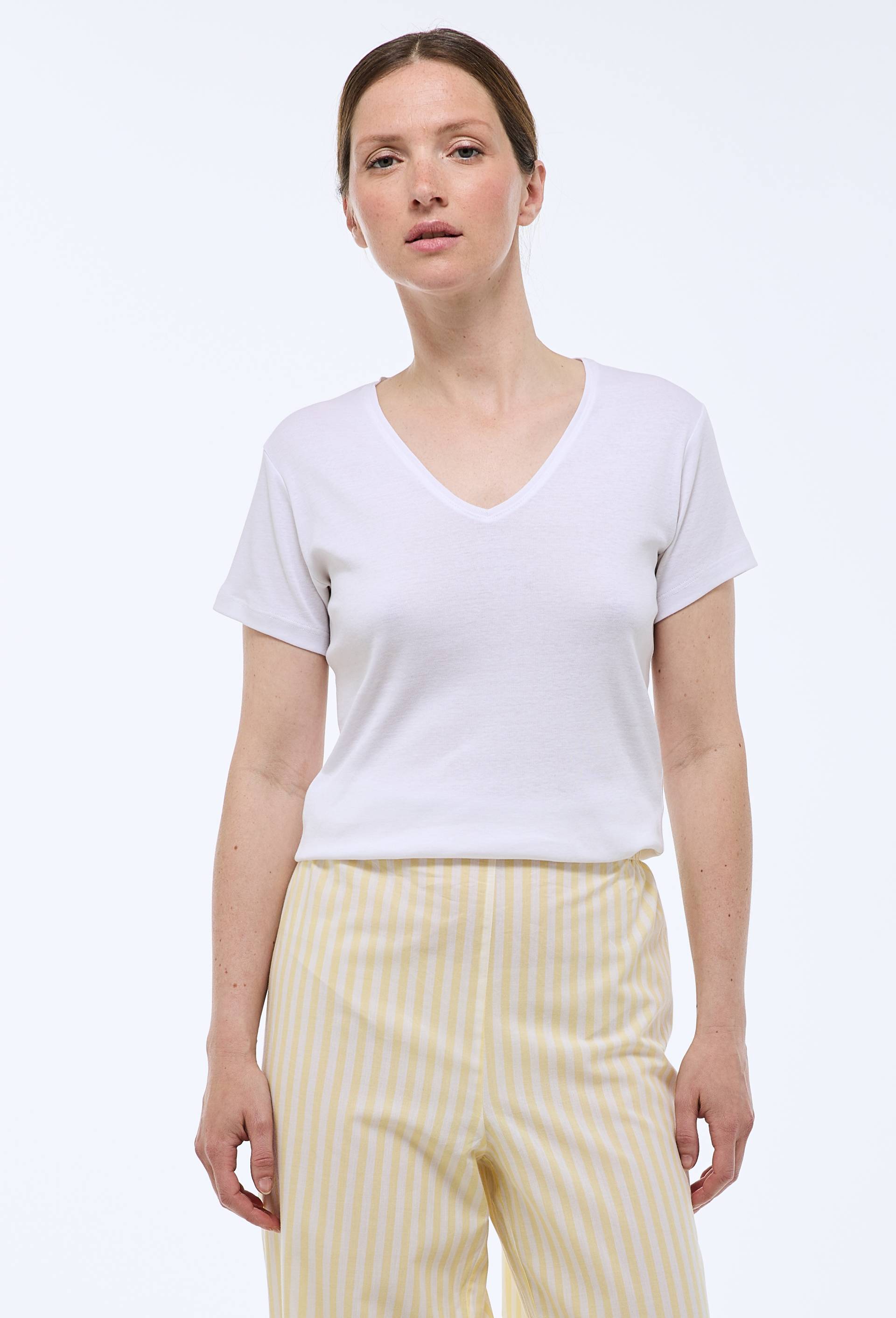T-shirt col V uni en coton BIO GOTS, Blanc, swatch image