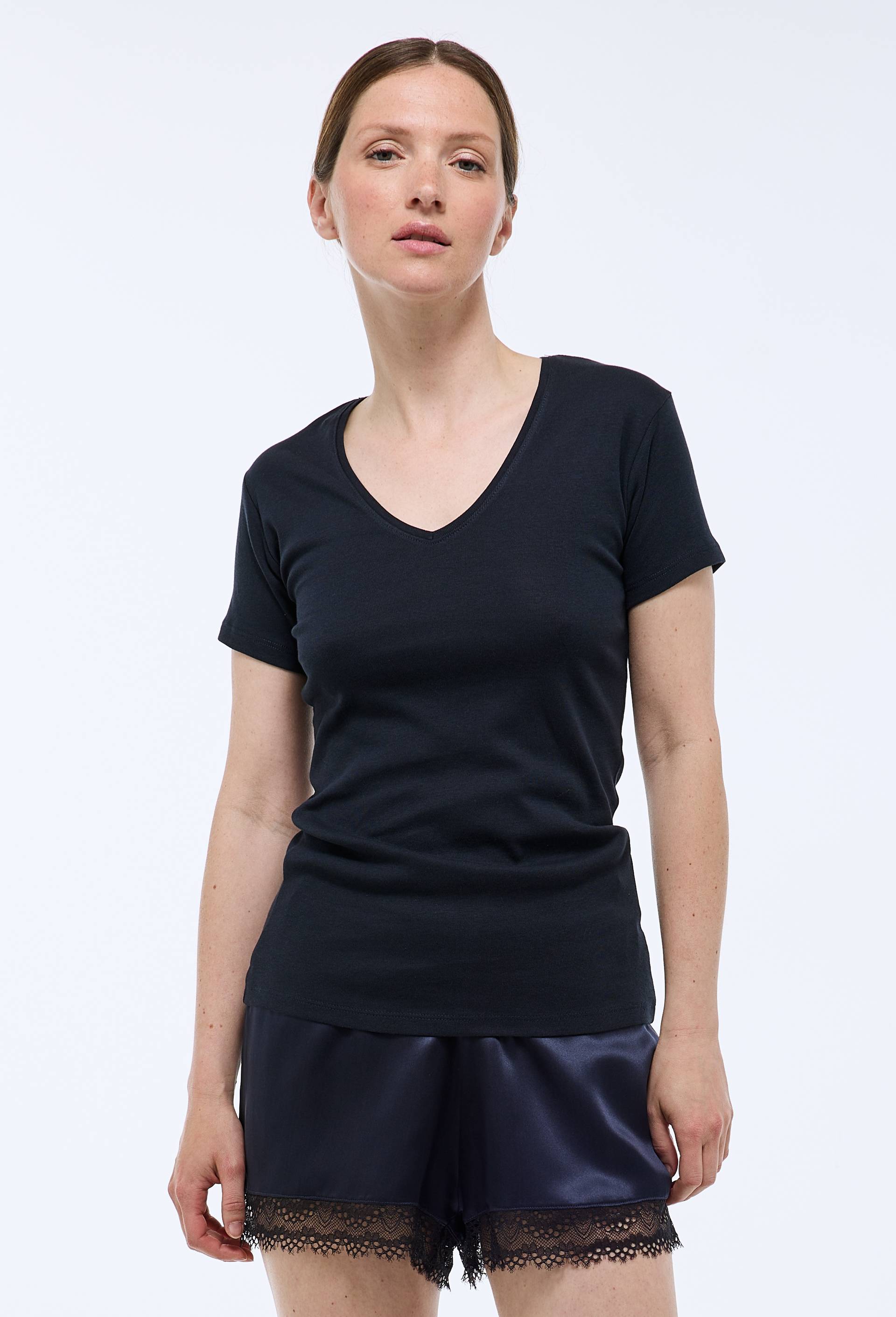 T-shirt col V uni en coton BIO GOTS, Bleu fonc&eacute;, large image number 0