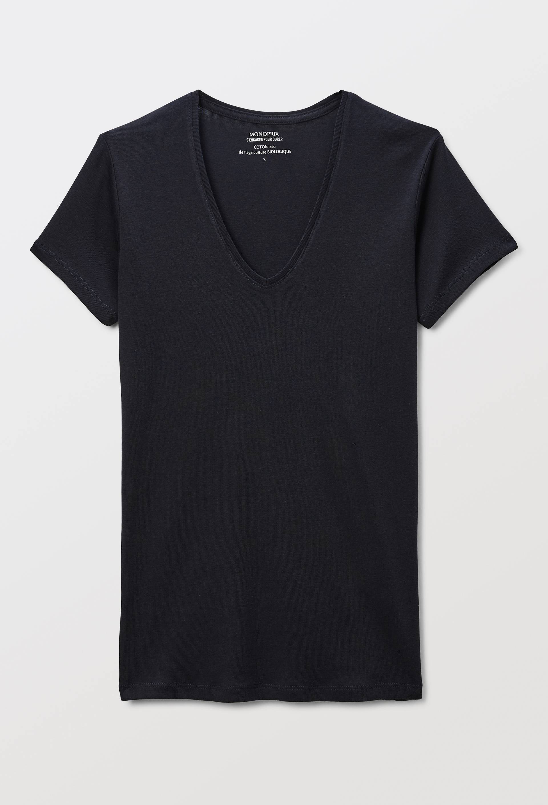 T-shirt col V uni en coton BIO GOTS, Bleu foncé, large image number 2