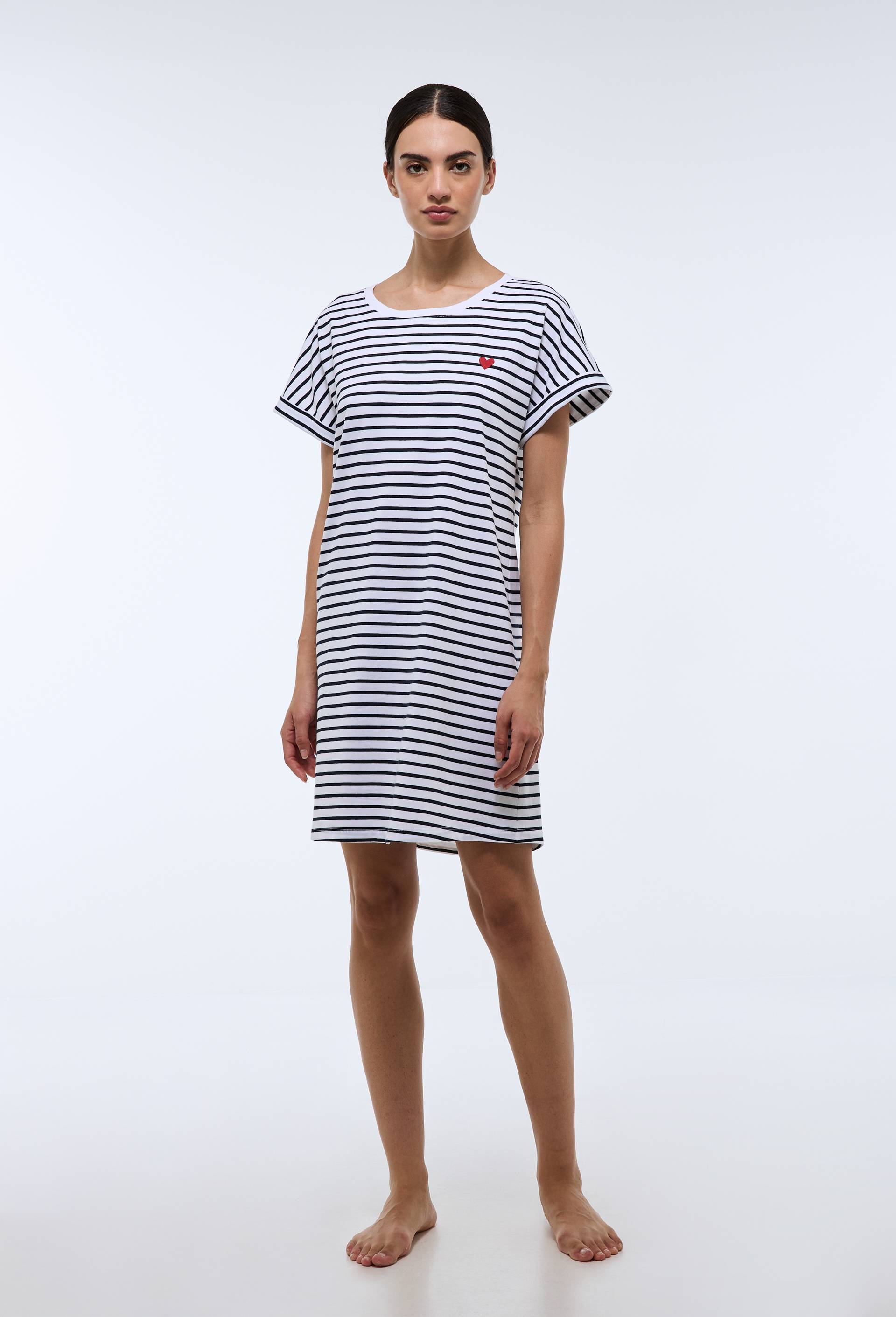 Chemise de nuit manches courtes rayée en coton BIO GOTS, Blanc, large image number 0.0