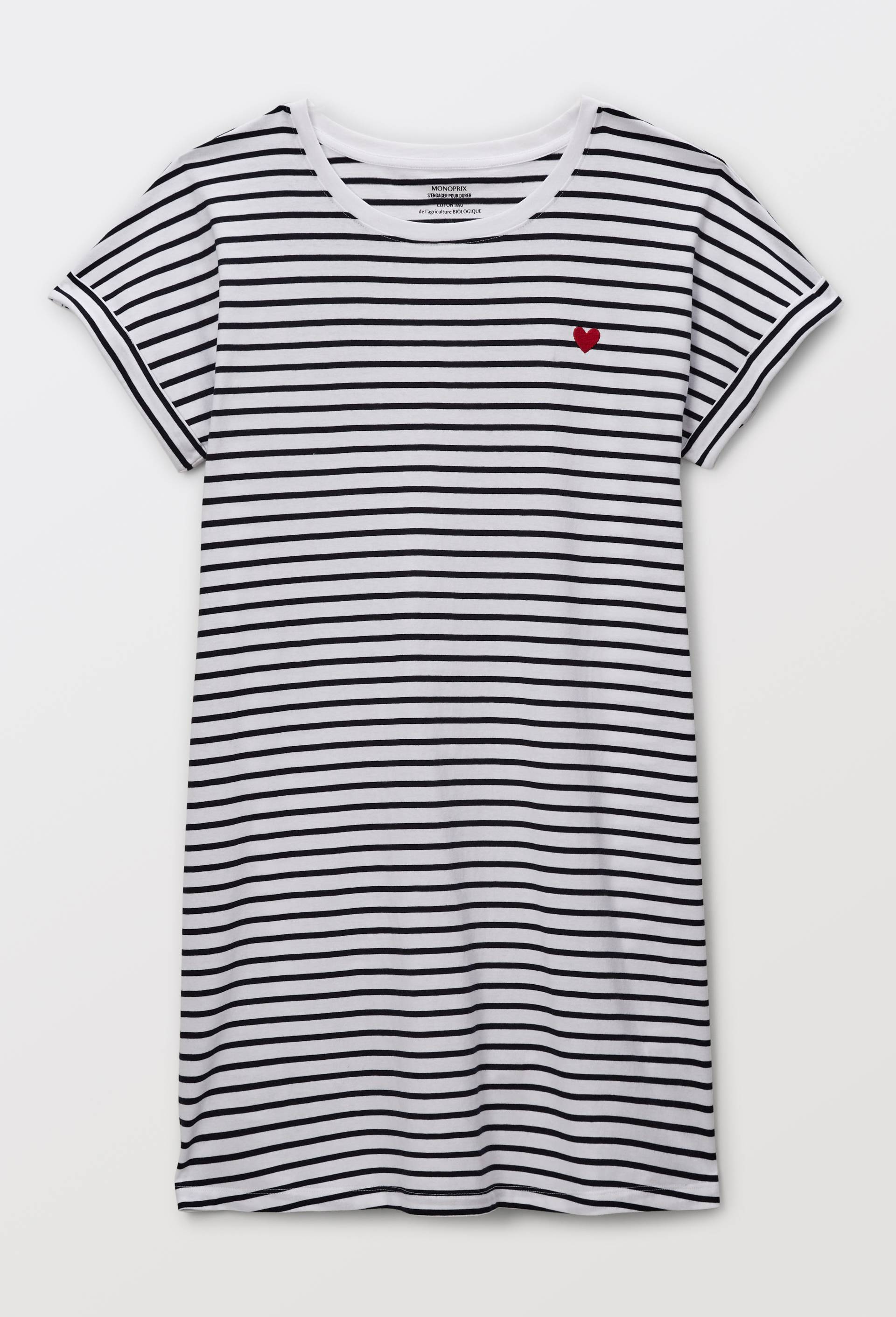 Chemise de nuit manches courtes ray&eacute;e en coton BIO GOTS, Blanc, large image number 2