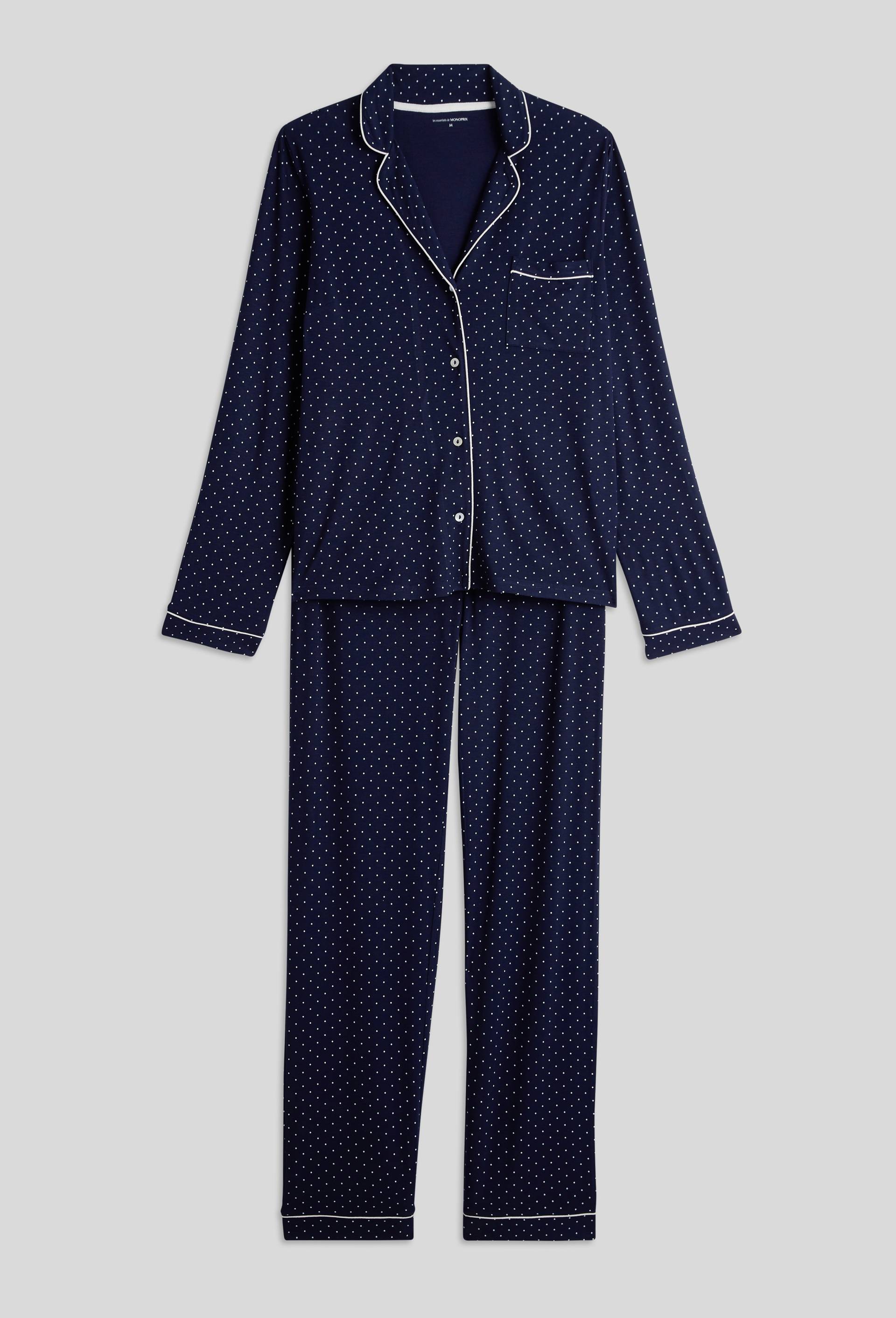 Pyjama long et fluide &agrave; pois, Bleu fonc&eacute;, large image number 2
