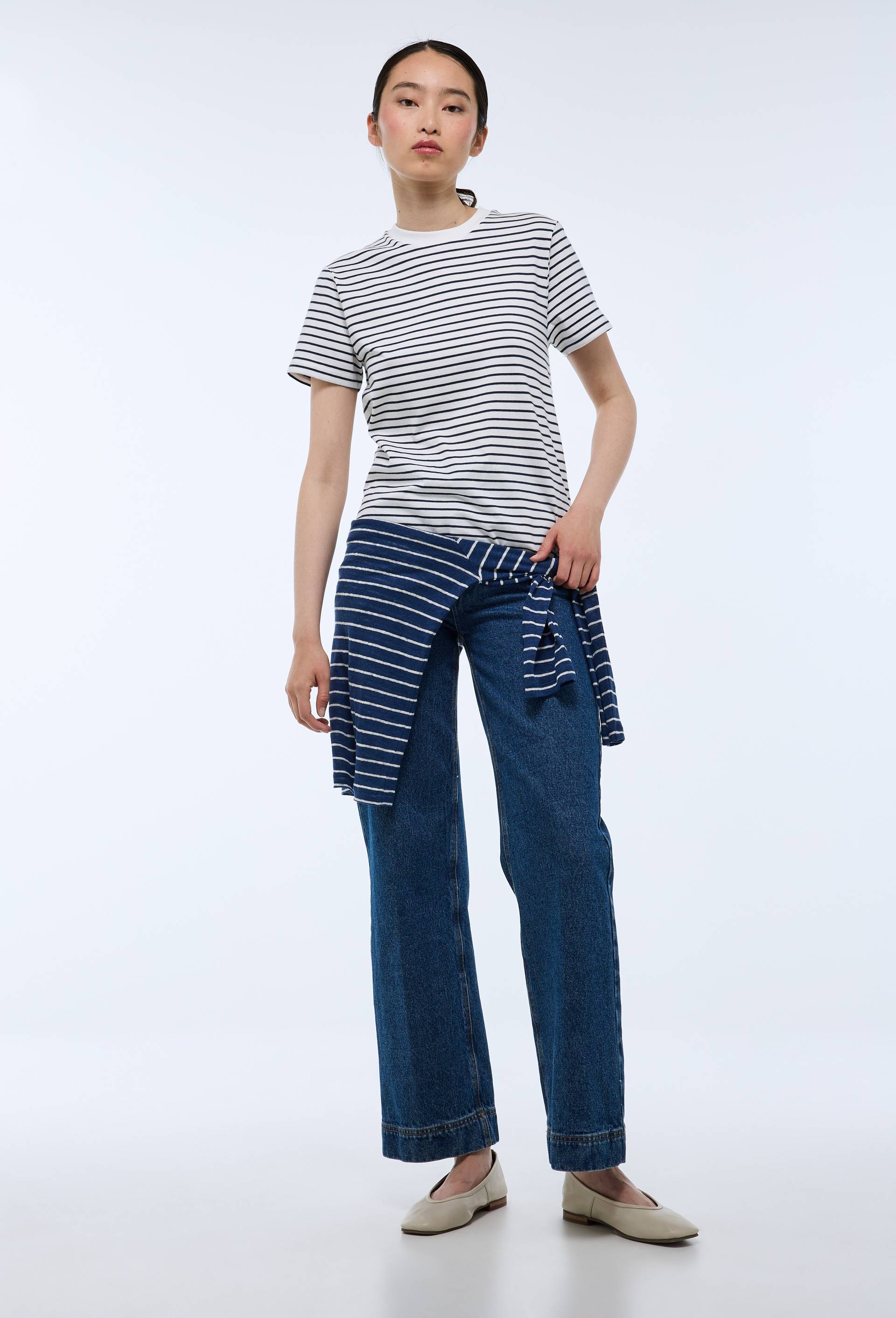 T-shirt manches courtes rayé en coton BIO GOTS, Ecru, swatch image