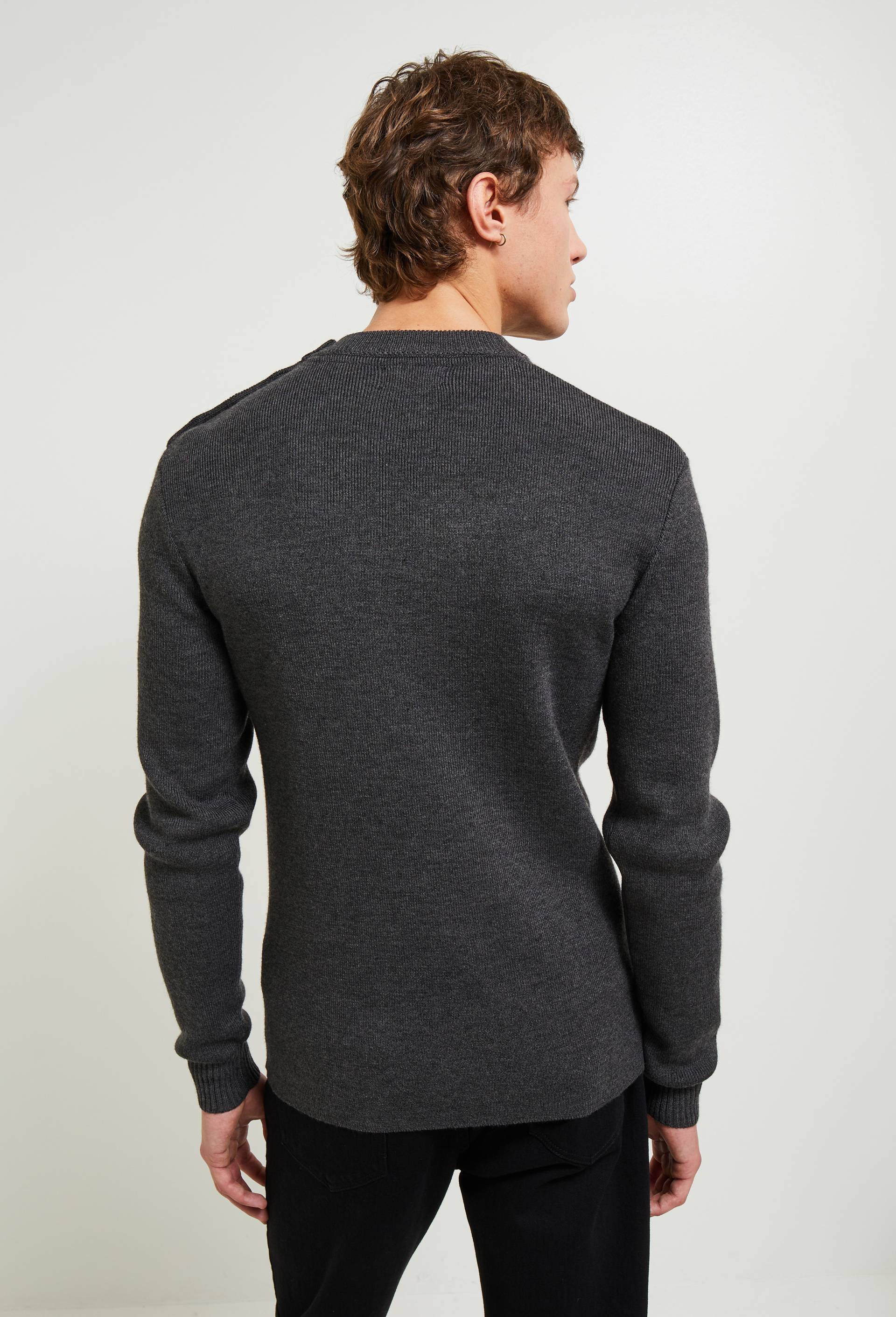 Pull col rond boutonné contenant de la laine, Gris foncé, large image number 1