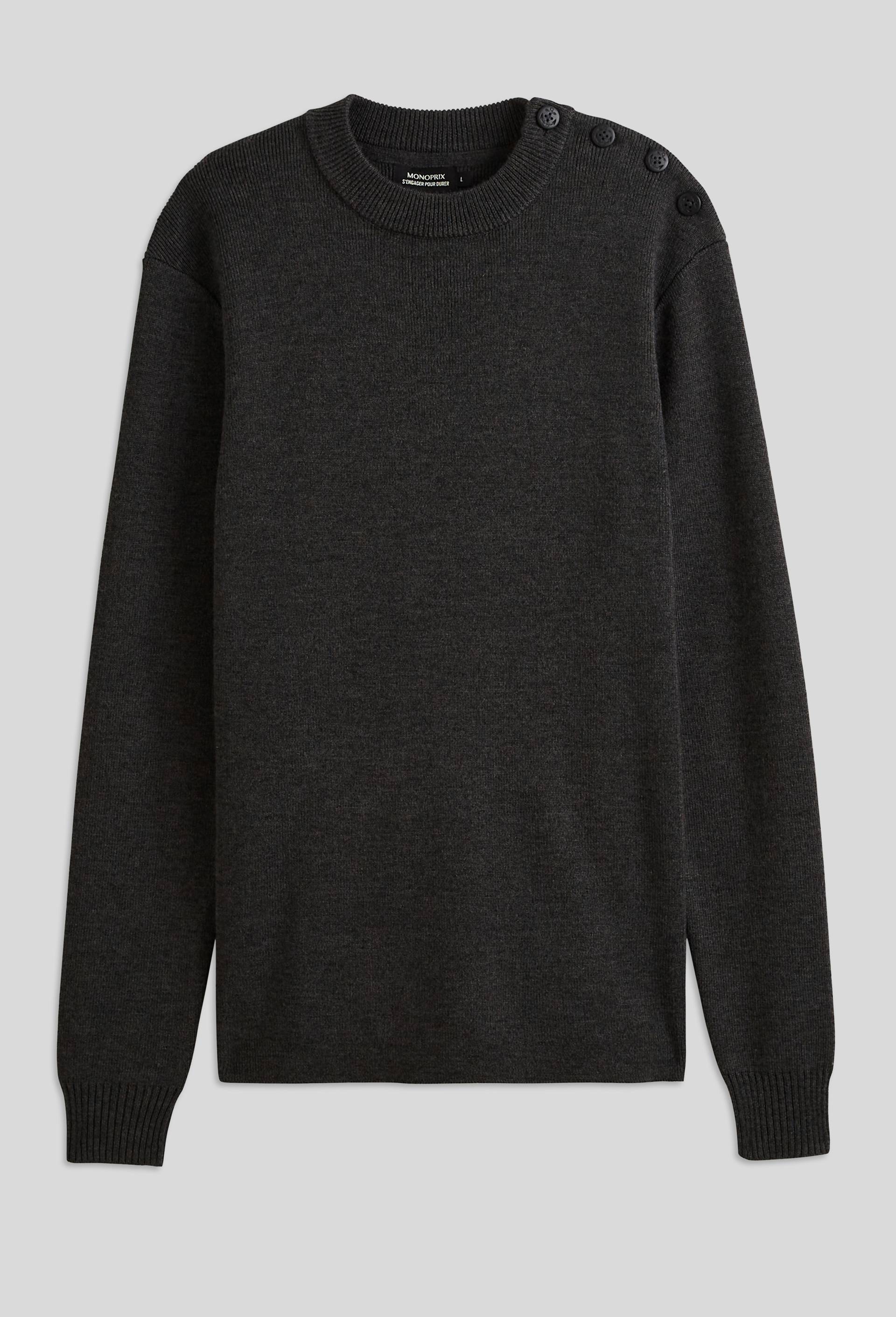 Pull col rond boutonn&eacute; contenant de la laine, Gris fonc&eacute;, large image number 2