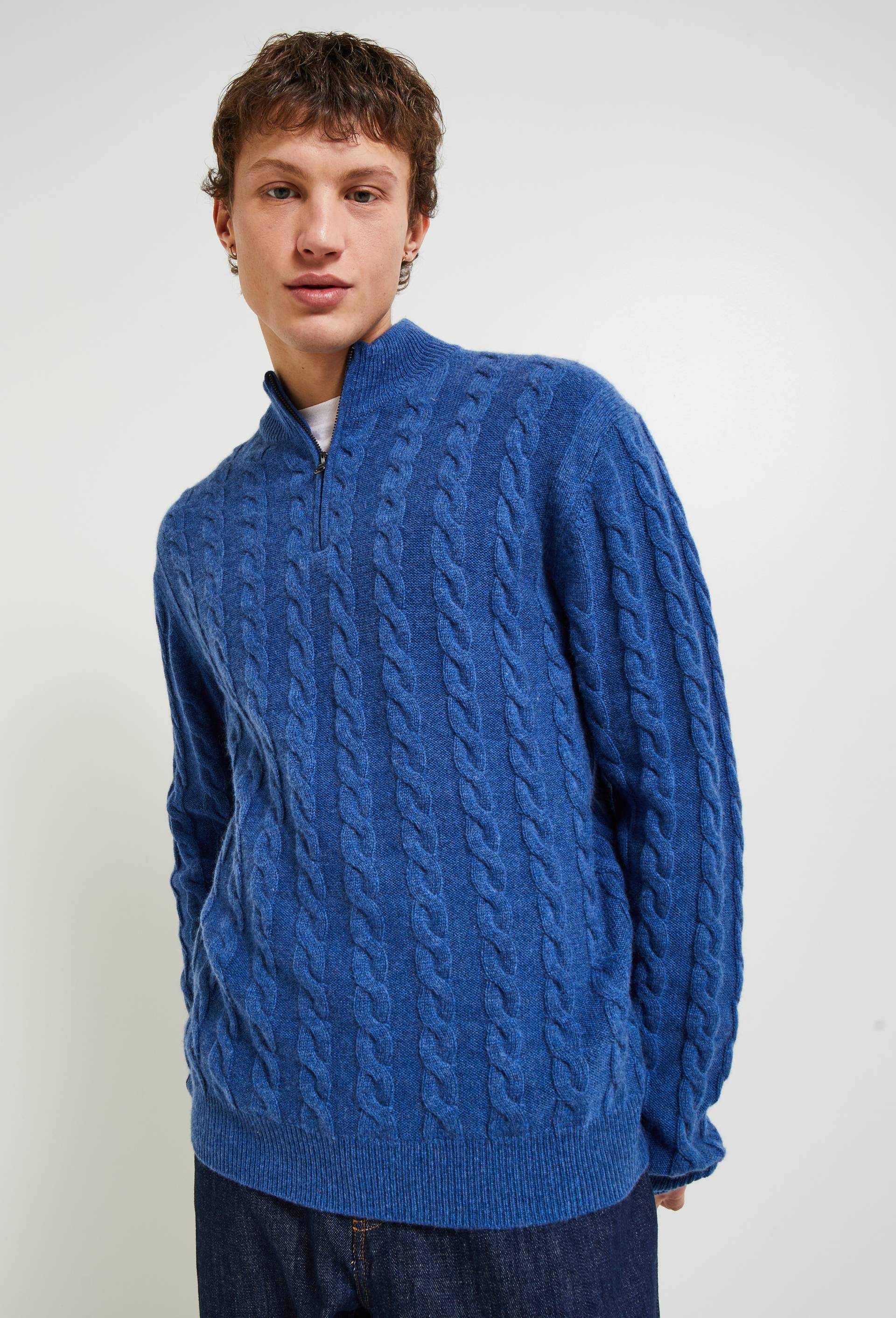 Pull col camionneur torsadé en mélange laine cachemire, Oeko-tex, BLEU, large image number 0