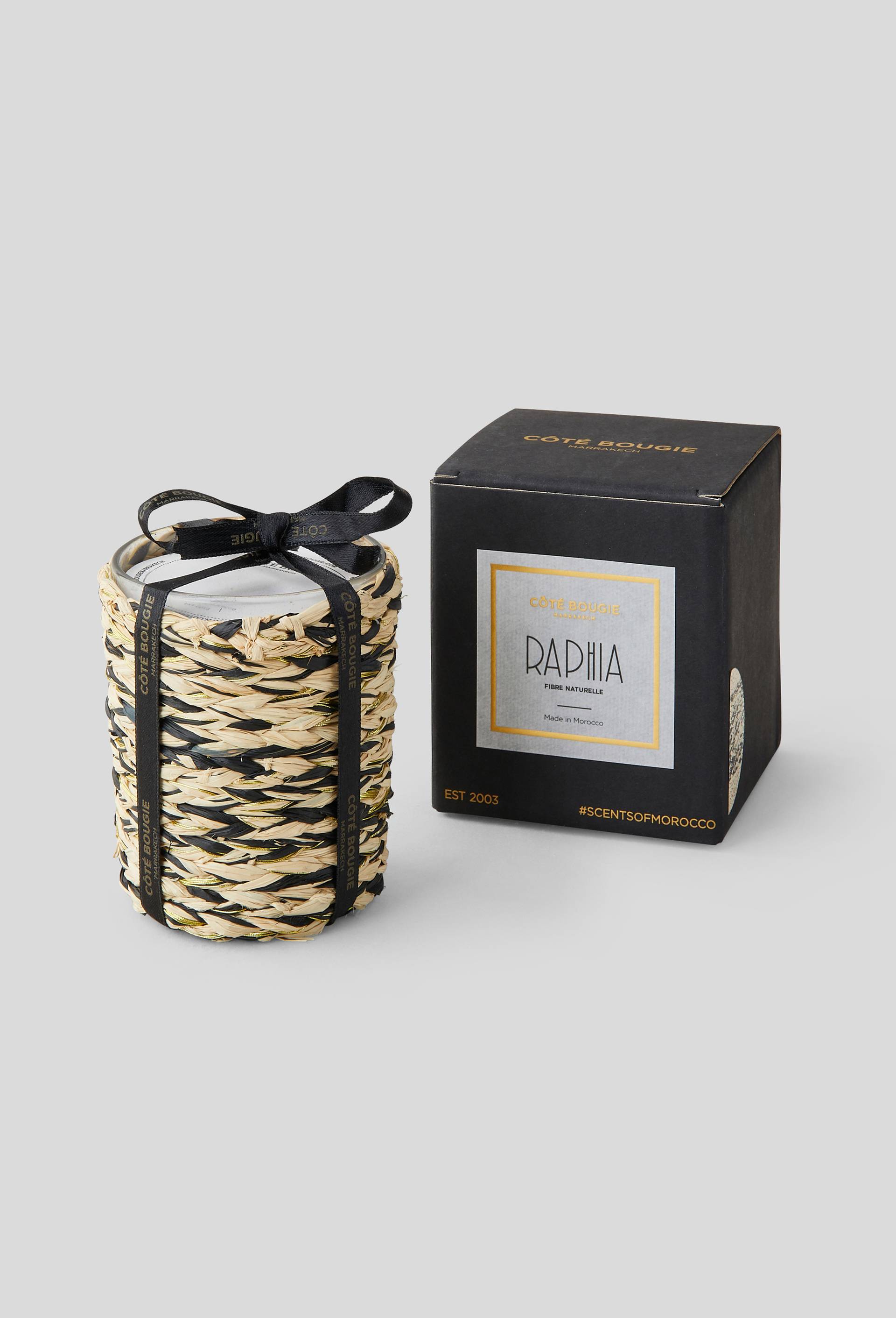 Bougie parfum Ambre, D7.5x9cm, en verre et raphia du Maroc, Beige clair, large image number 0
