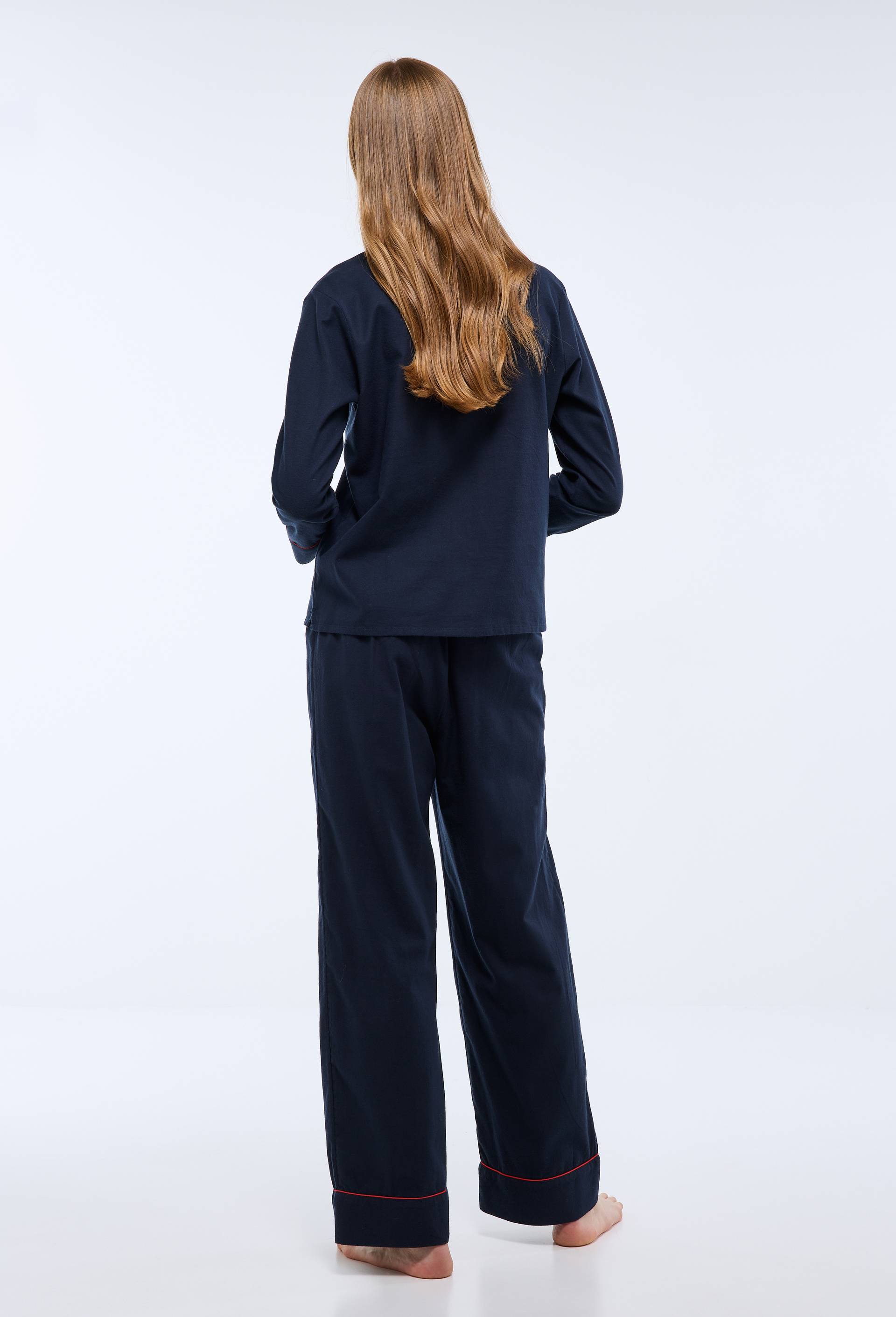 Pyjama uni broderie coeur en flanelle de coton BIO, Bleu fonc&eacute;, large image number 1