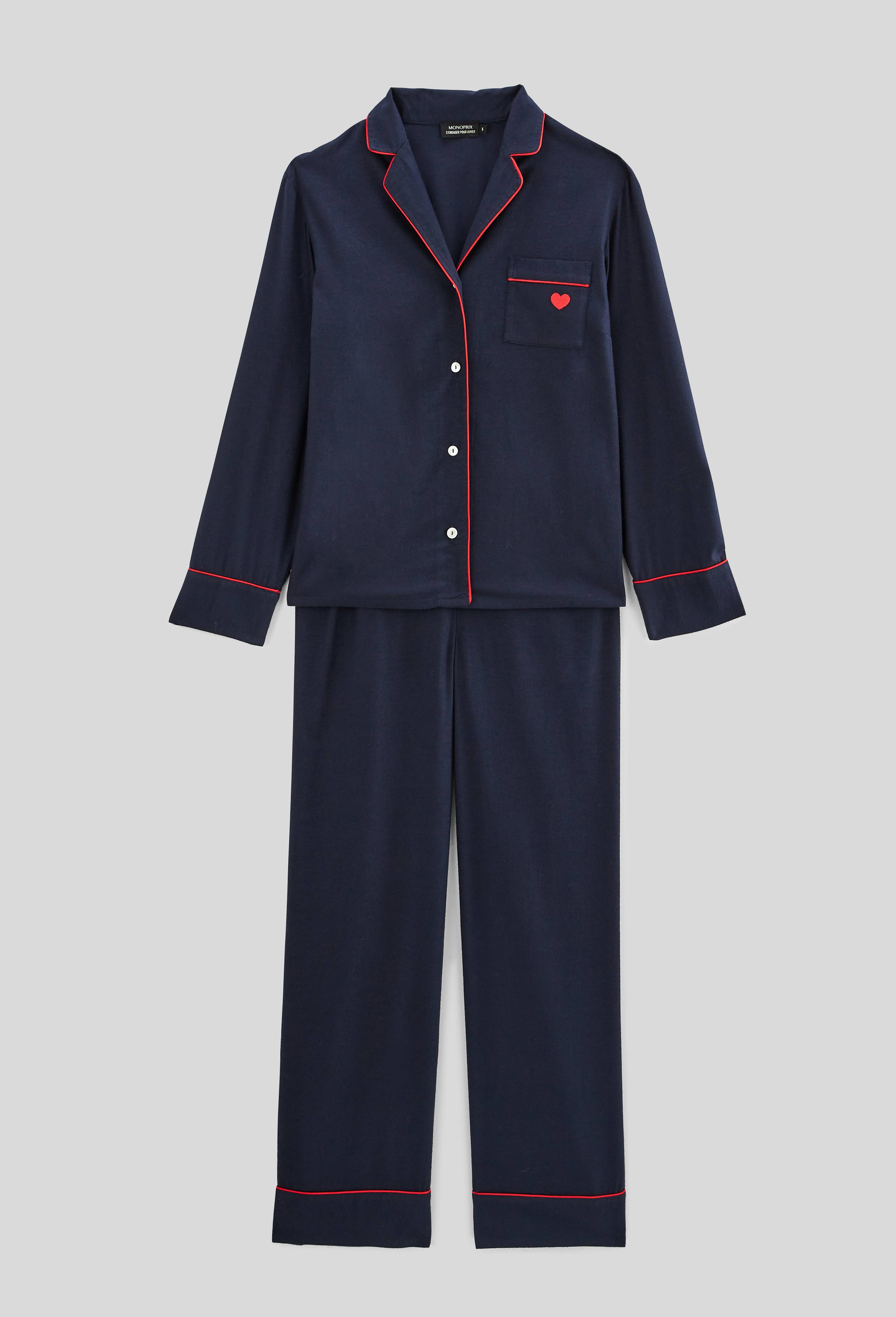 Pyjama uni broderie coeur en flanelle de coton BIO, Bleu foncé, large image number 2