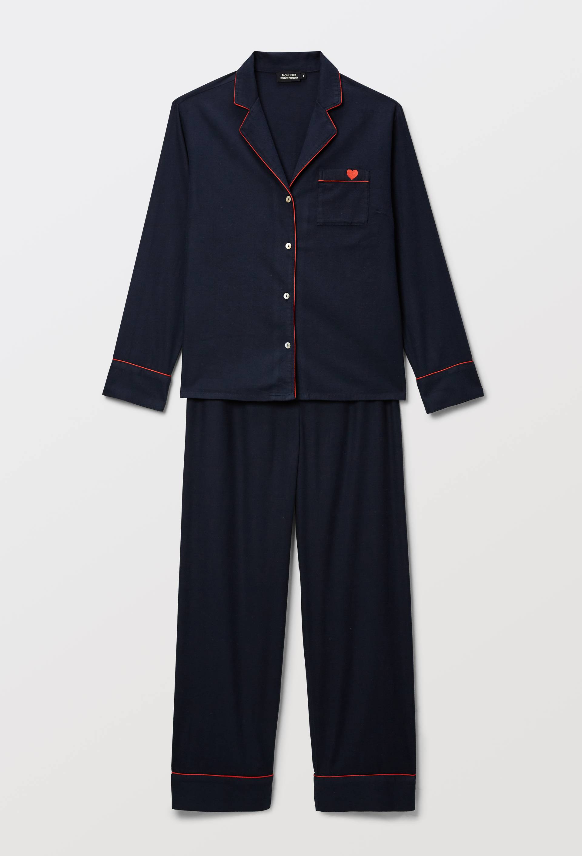 Pyjama uni broderie coeur en flanelle de coton BIO, Bleu fonc&eacute;, large image number 2