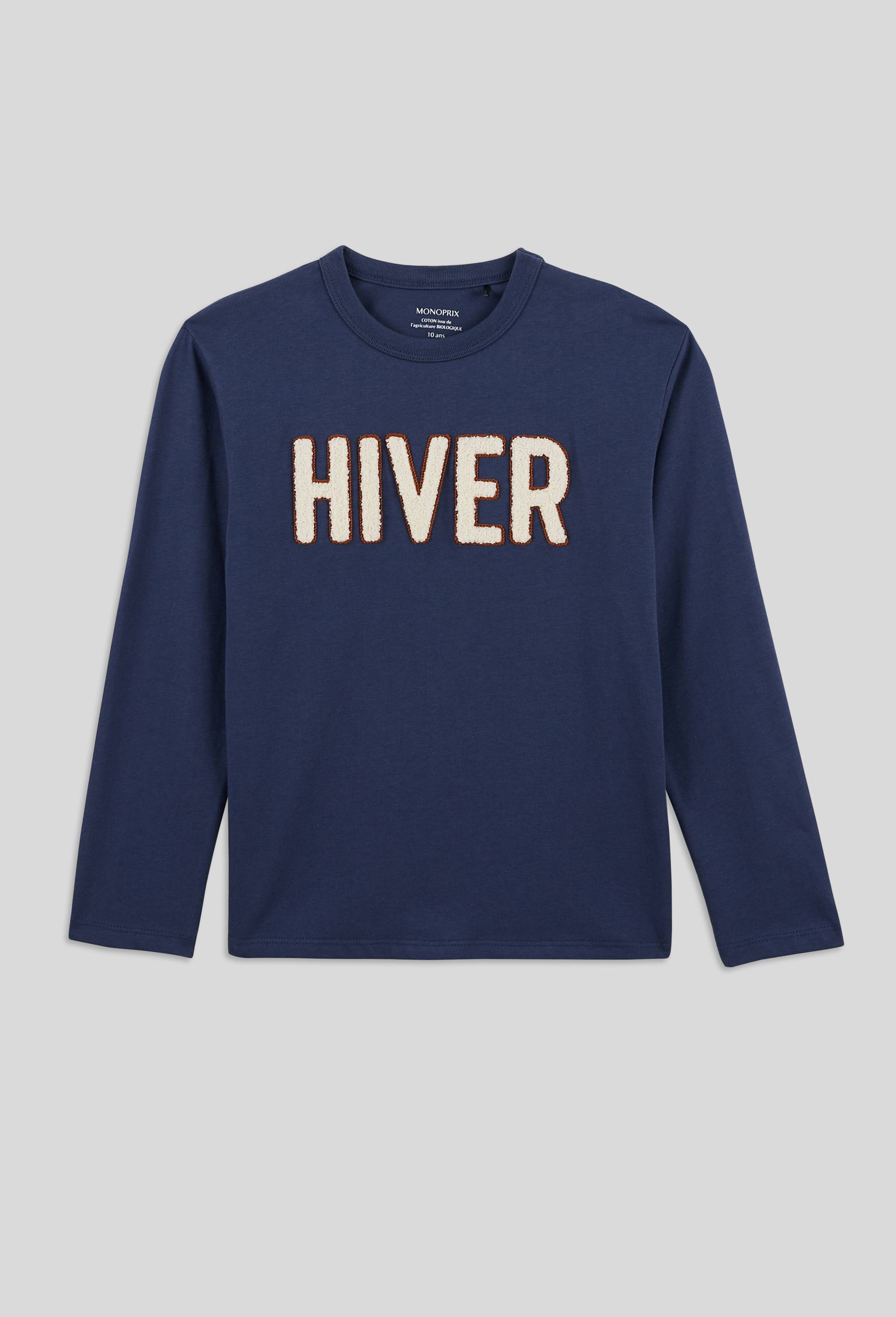 T-shirt manches longues avec broderie Hiver en bouclette, BIO, Bleu foncé, large image number 0