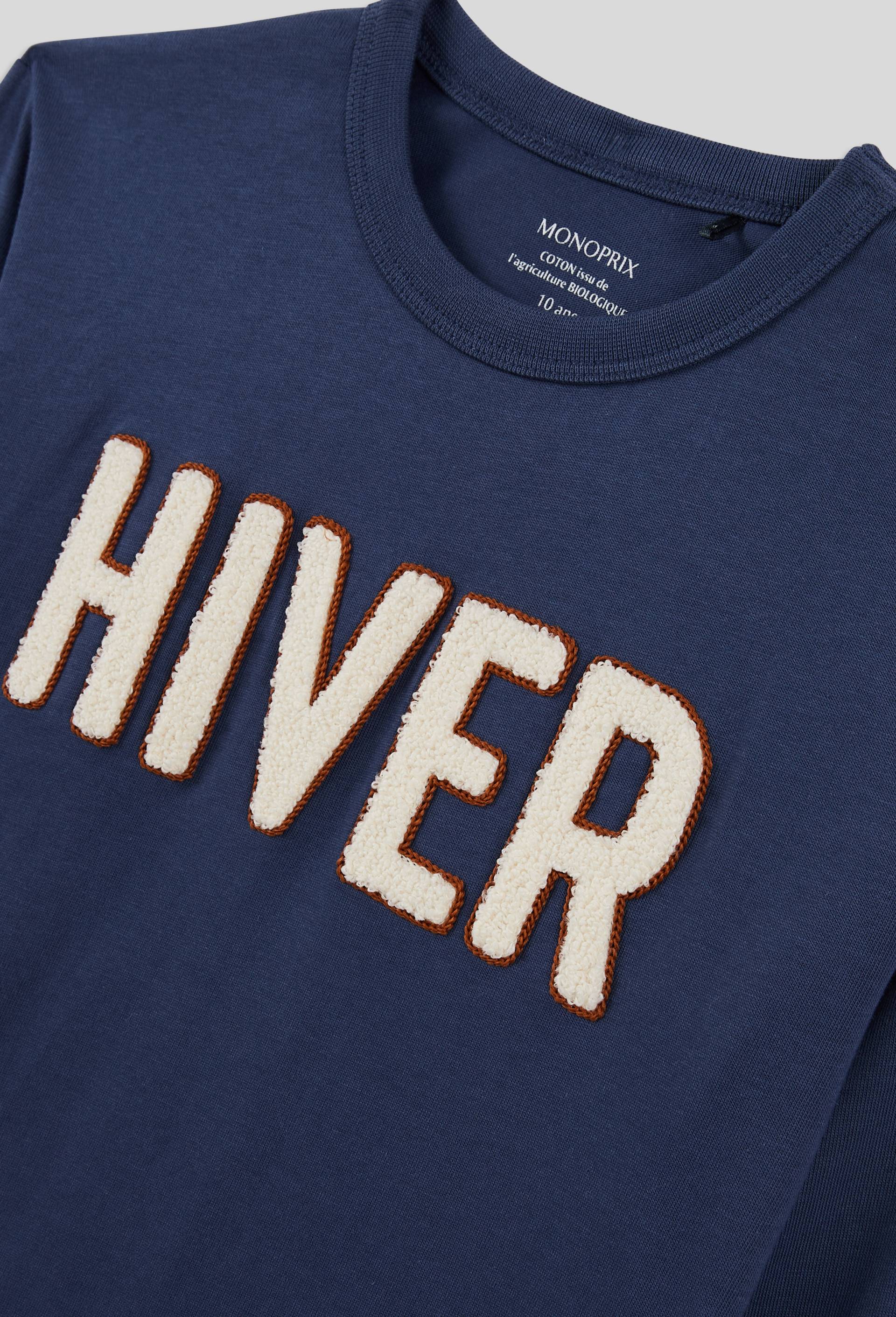 T-shirt manches longues avec broderie Hiver en bouclette, BIO, Bleu foncé, large image number 2