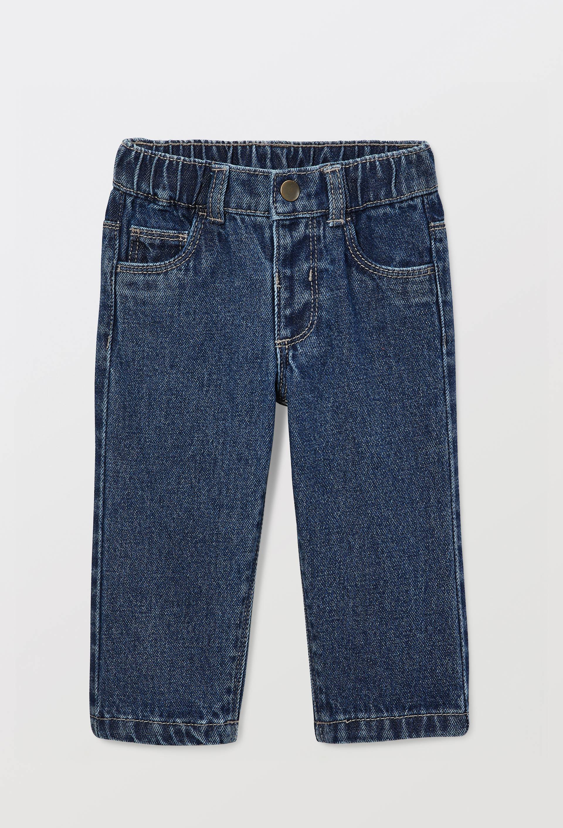 Jean droit taille &eacute;lastique uni en coton, Bleu, large