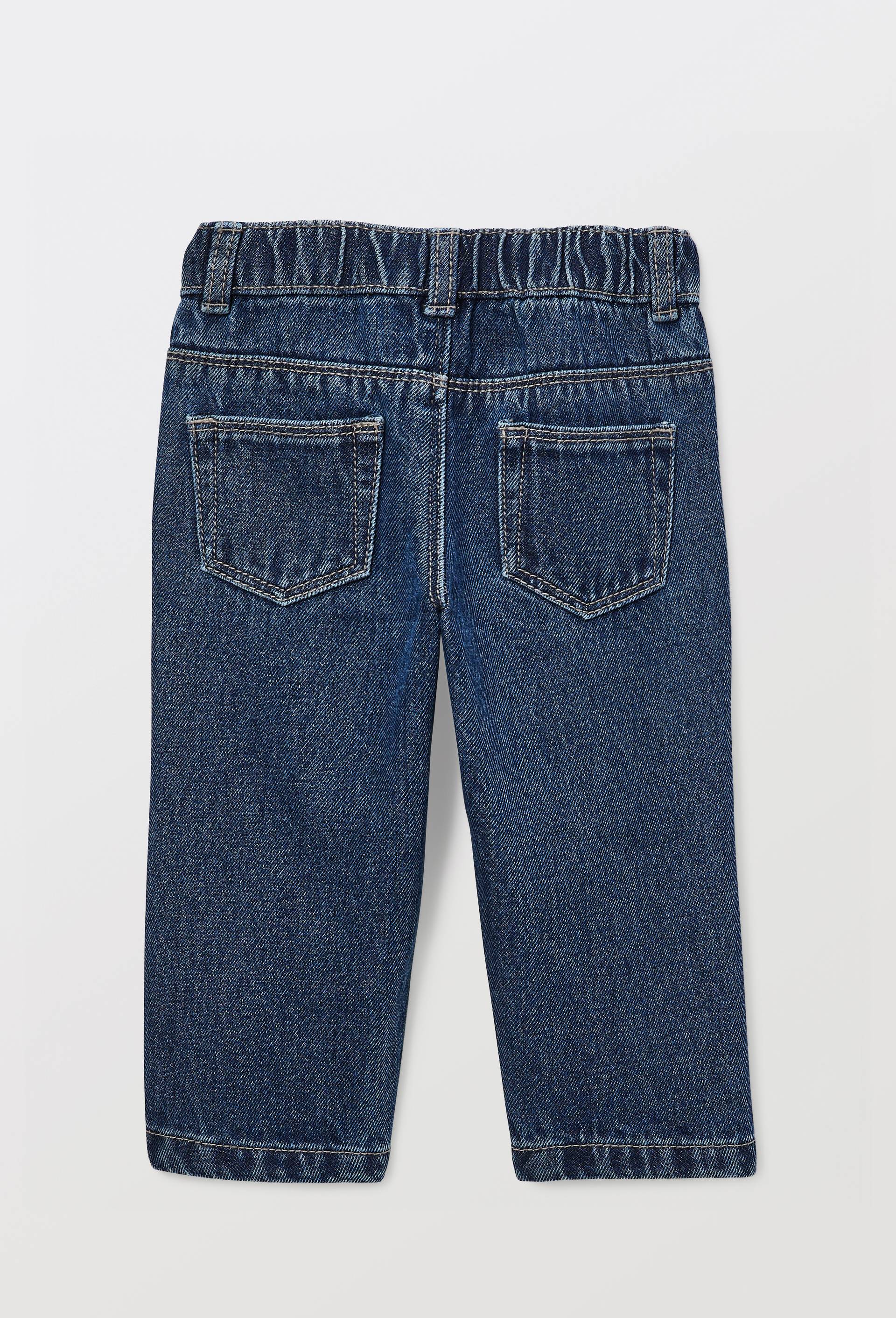 Jean droit taille &eacute;lastique uni en coton, Bleu, large image number 2