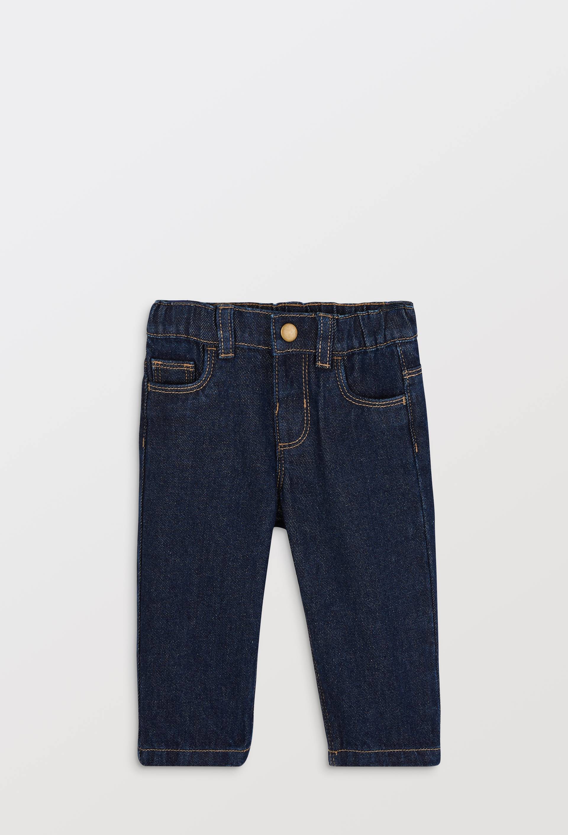 Jean droit taille &eacute;lastique uni en coton, Bleu fonc&eacute;, large