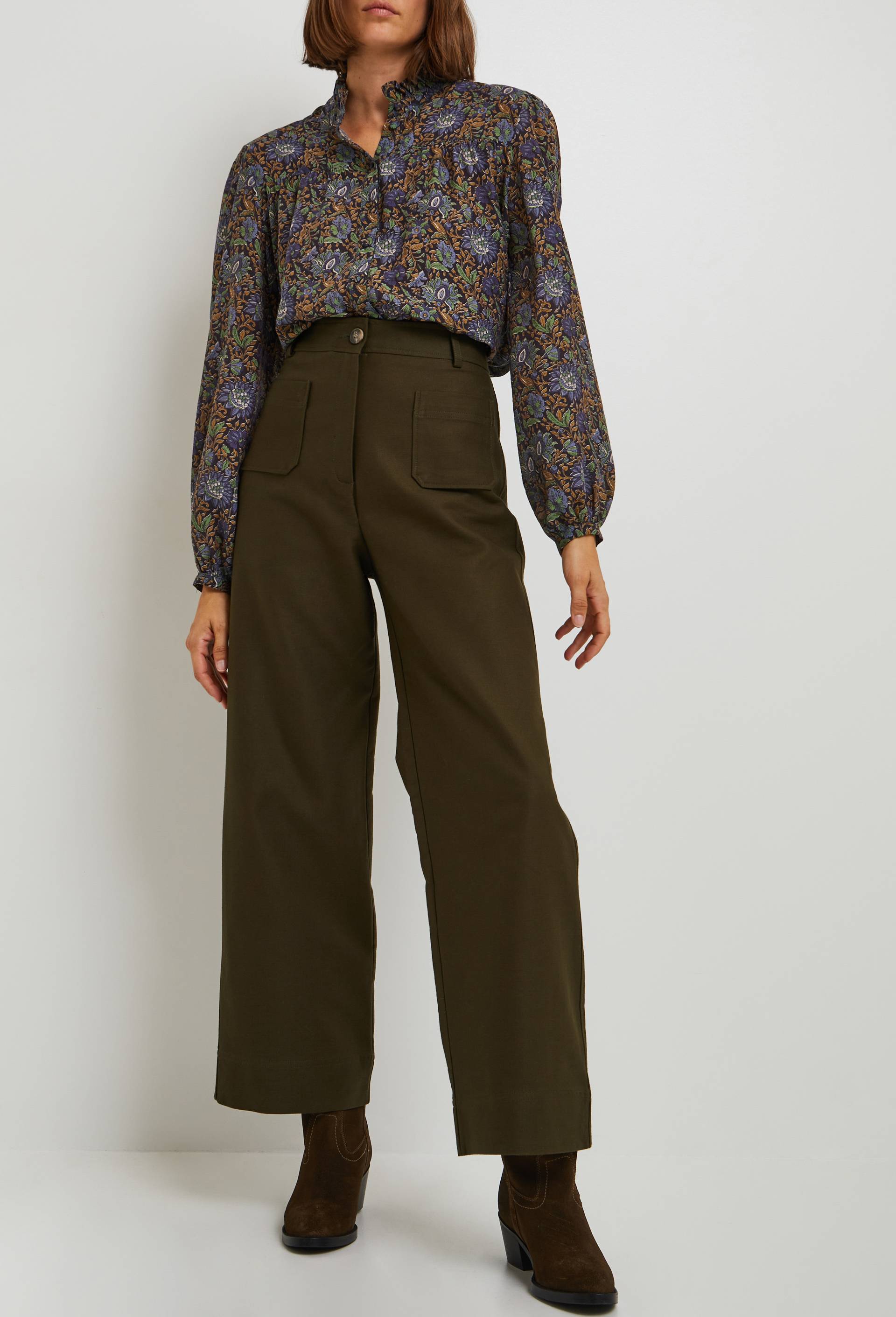 Pantalon large avec poches plaquées contenant du coton, Brun foncé, large image number 0.0