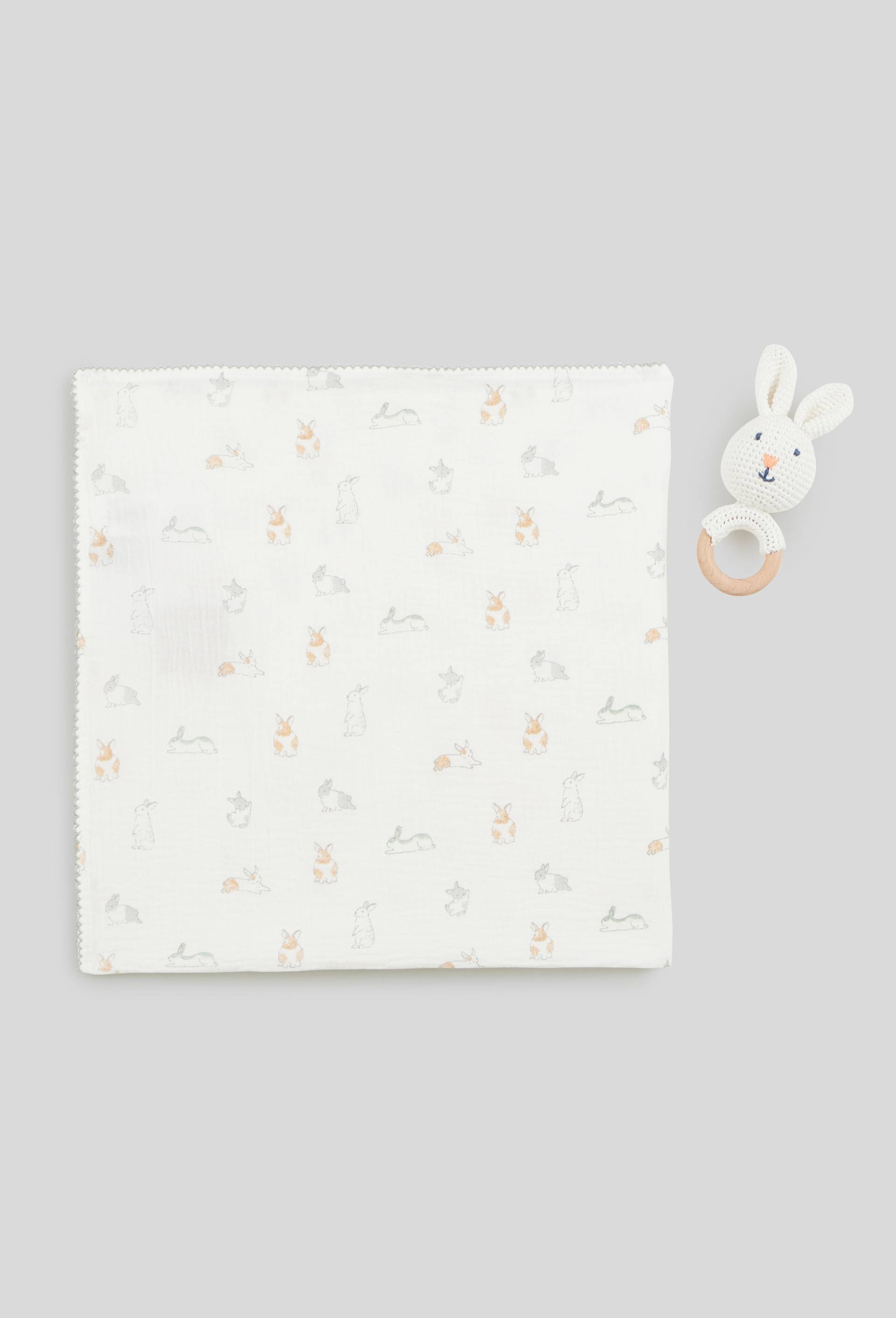 Coffret cadeau 1 lange et 1 hochet, en coton BIO, Ecru, large image number 1