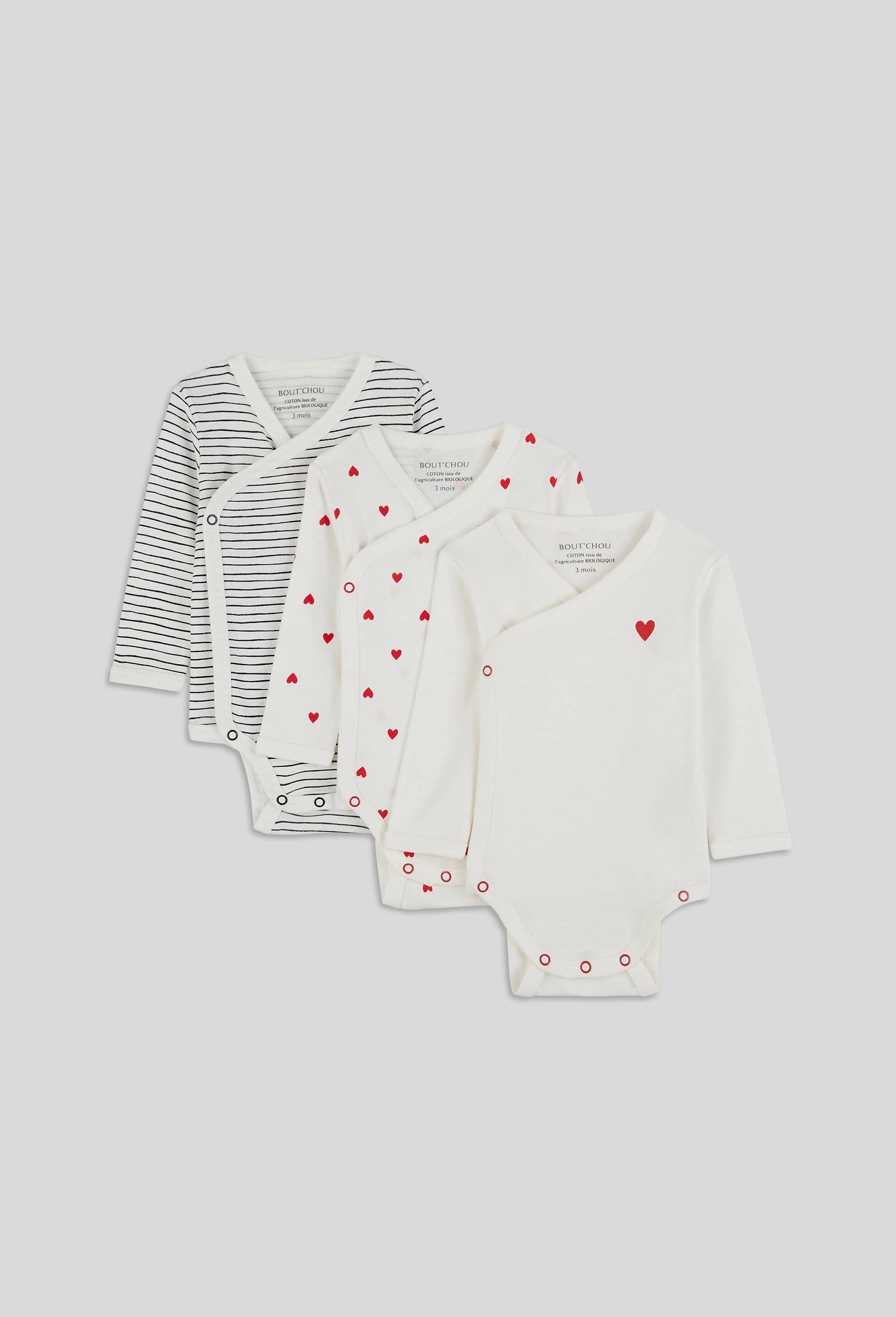 Lot de 3 bodies manches longues imprim&eacute; en coton BIO GOTS, Ecru, large image number 0