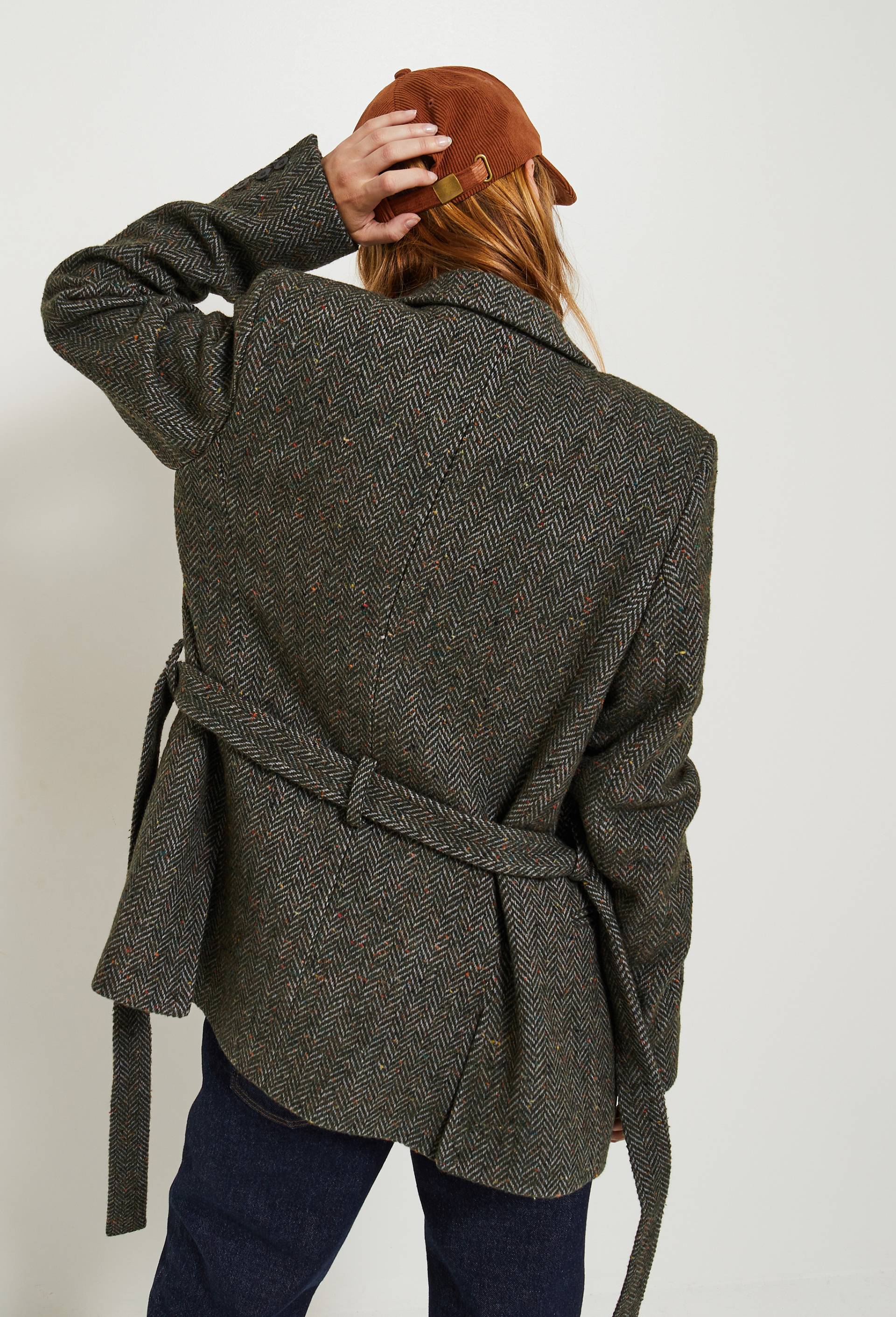 Blazer ceinturé contenant de la laine, Vert, large image number 1