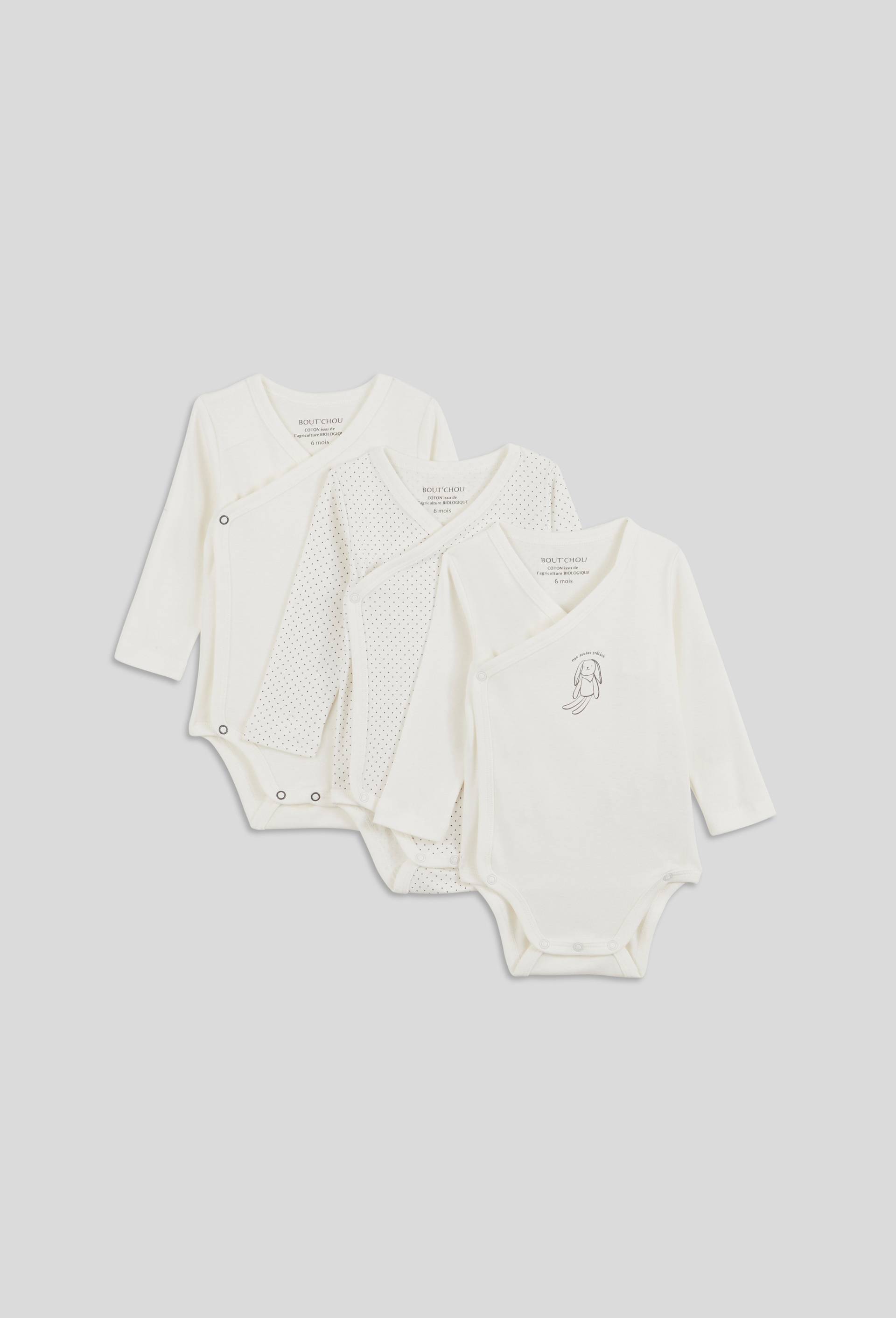 Lot de 3 bodies crois&eacute;s manches longues imprim&eacute; en coton BIO GOTS, Blanc, large image number 0