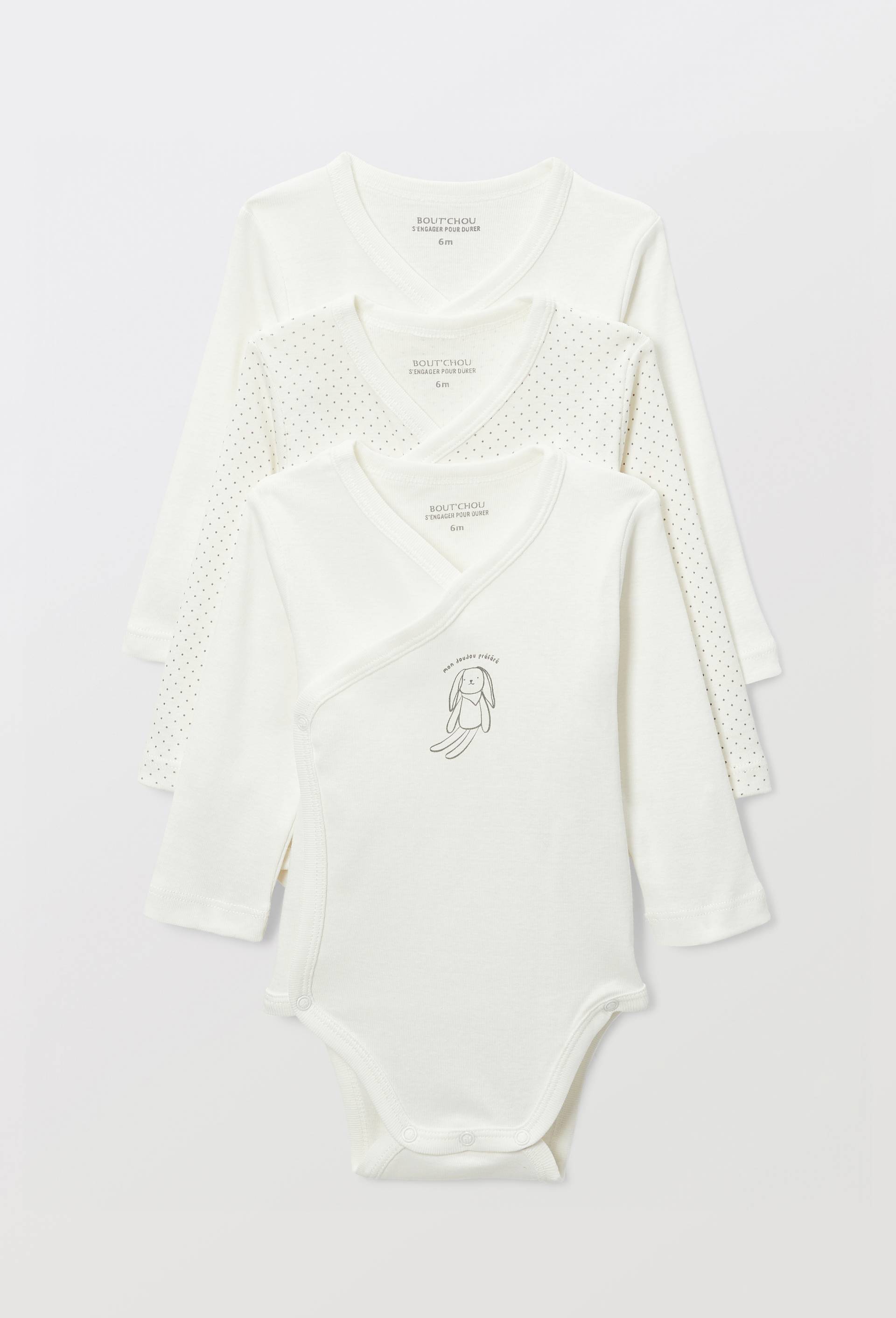 Lot de 3 bodies croisés manches longues imprimé en coton BIO GOTS (Bout'Chou) - Couverture