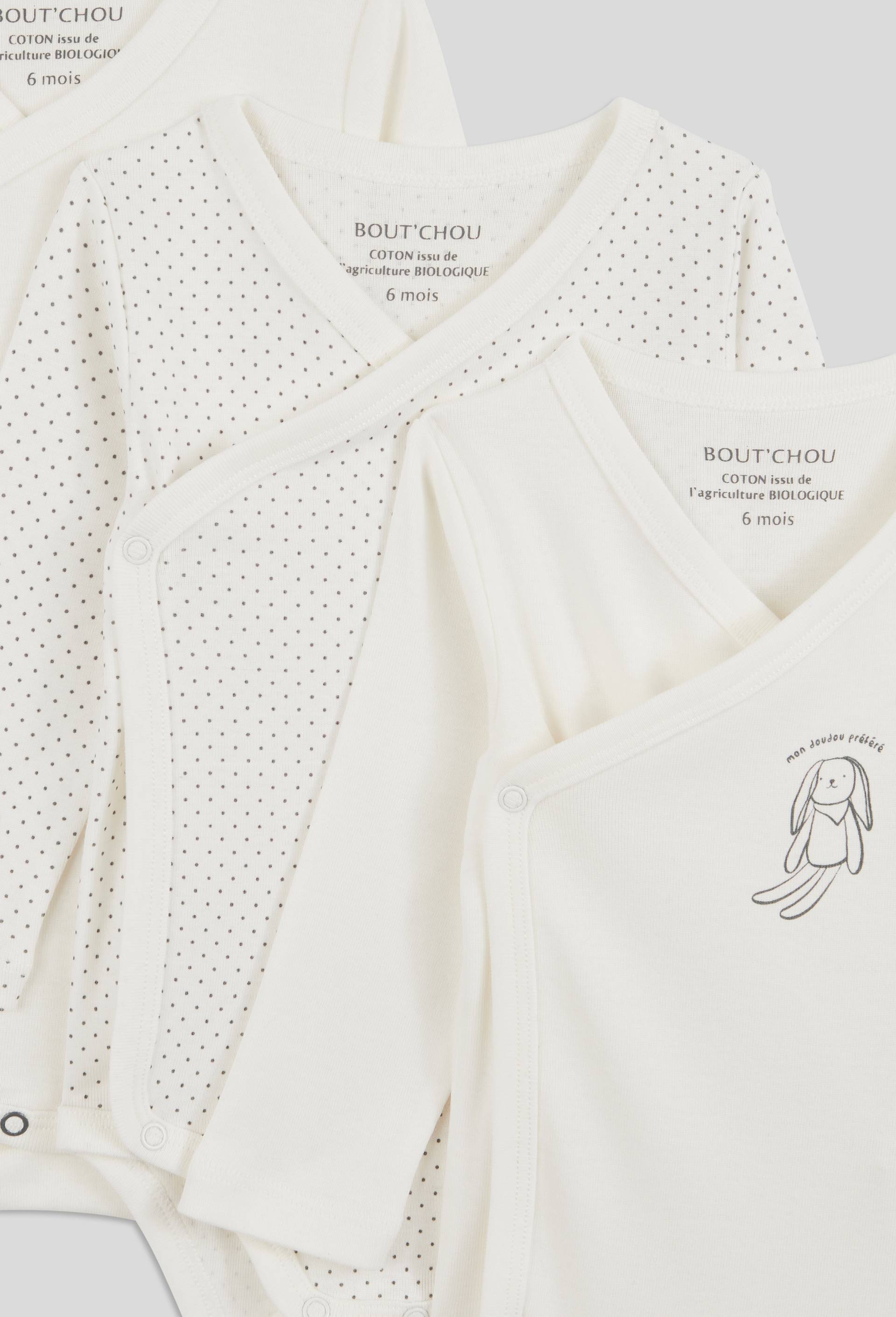 Lot de 3 bodies crois&eacute;s manches longues imprim&eacute; en coton BIO GOTS, Blanc, large image number 2