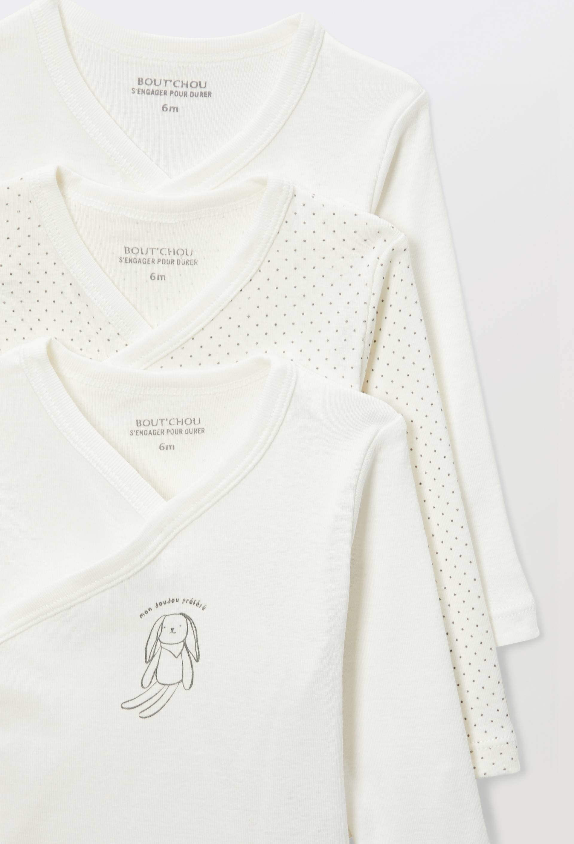 Lot de 3 bodies crois&eacute;s manches longues imprim&eacute; en coton BIO GOTS, Blanc, large image number 2