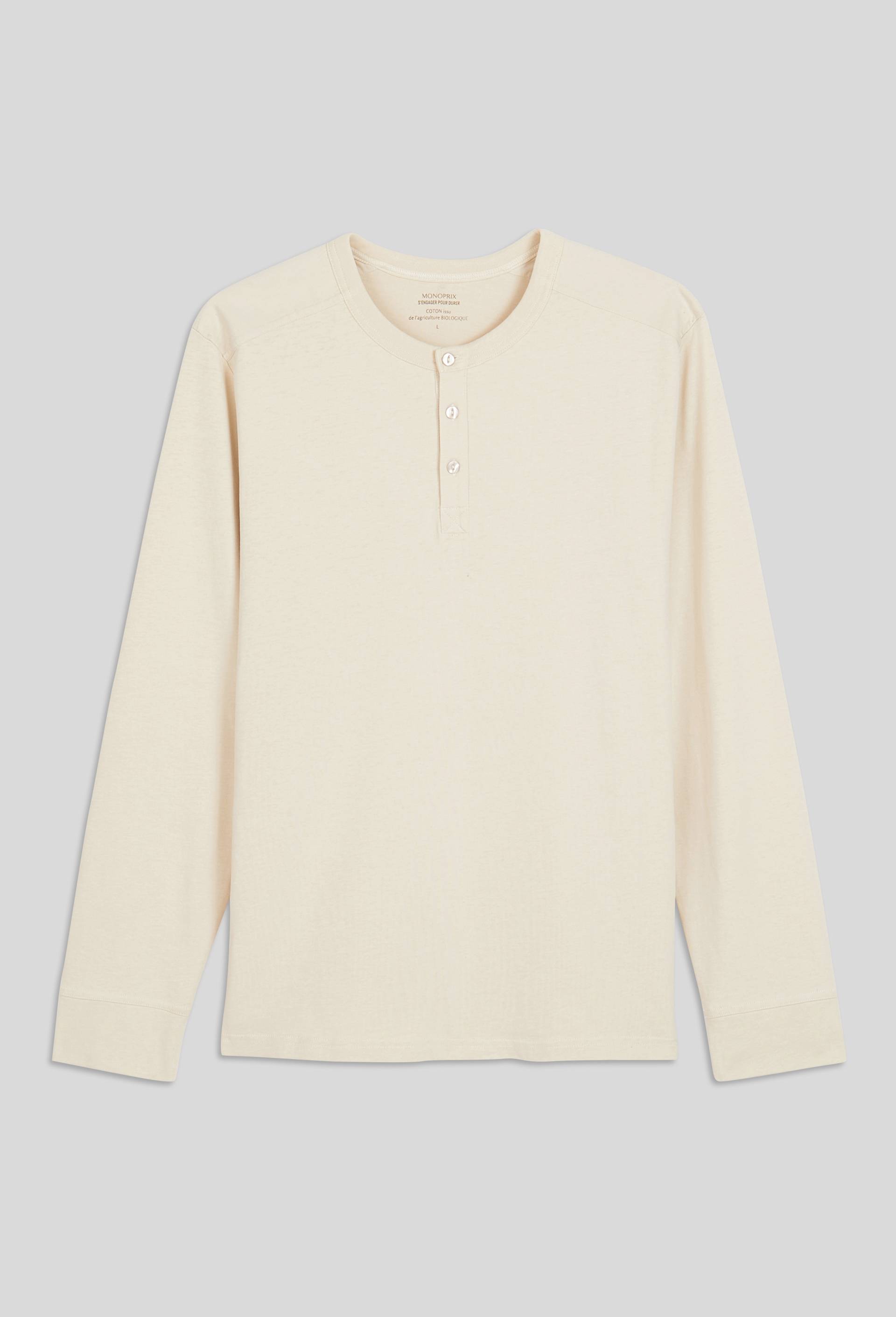T-shirt manches longues col tunisien en coton BIO, Beige, large image number 2
