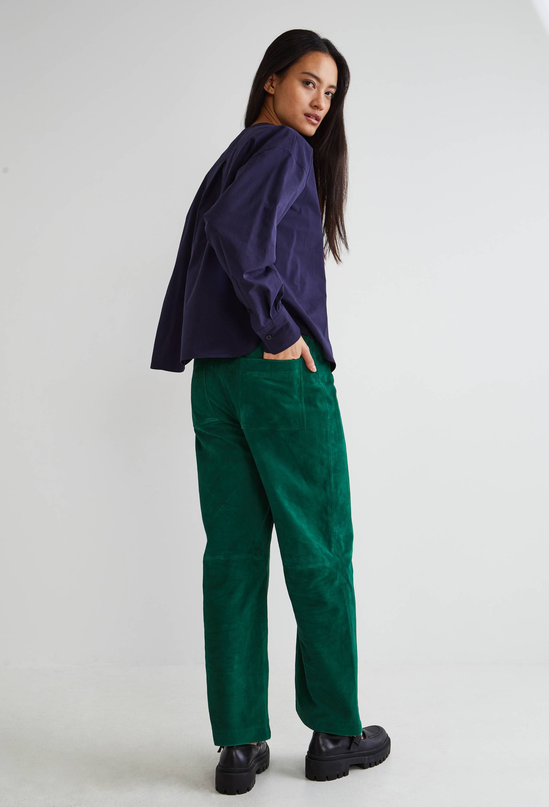 Pantalon large taille haute en cuir, Vert, large image number 1