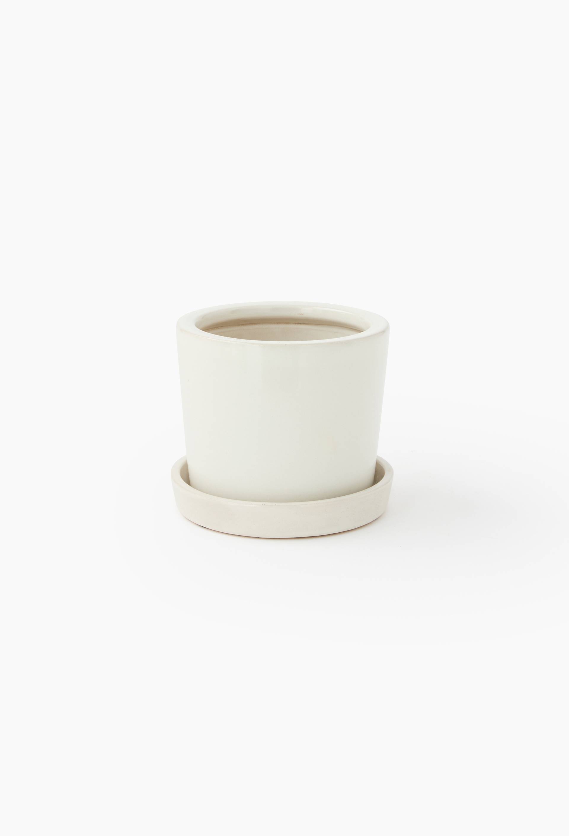 Cache-pot et soucoupe, 14x12cm, en c&eacute;ramique, Ecru, swatch image