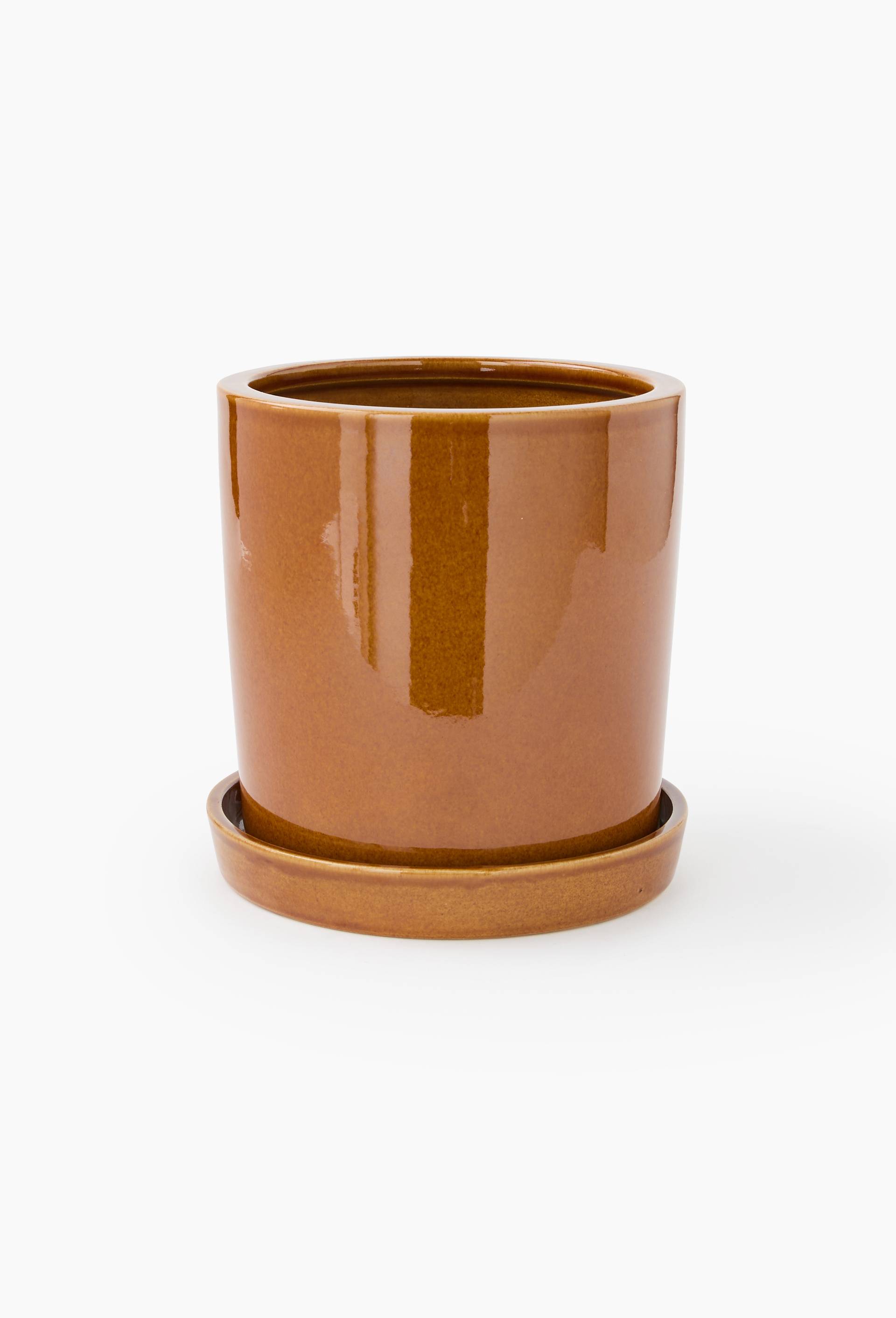 Cache-pot  et soucoupe, 21x22cm, en c&eacute;ramique, Brun, large image number 1.0