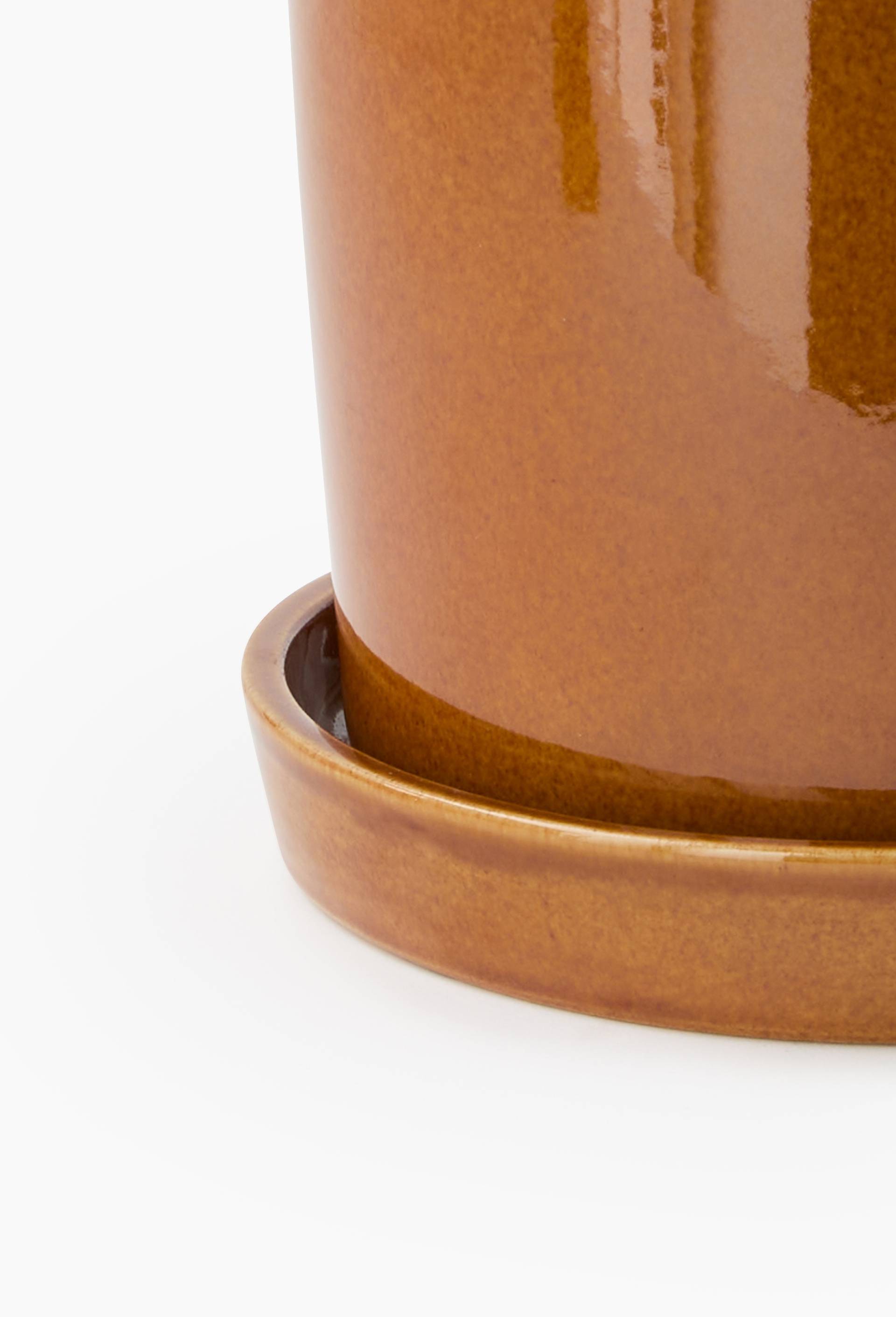 Cache-pot  et soucoupe, 21x22cm, en c&eacute;ramique, Brun, large image number 2.0
