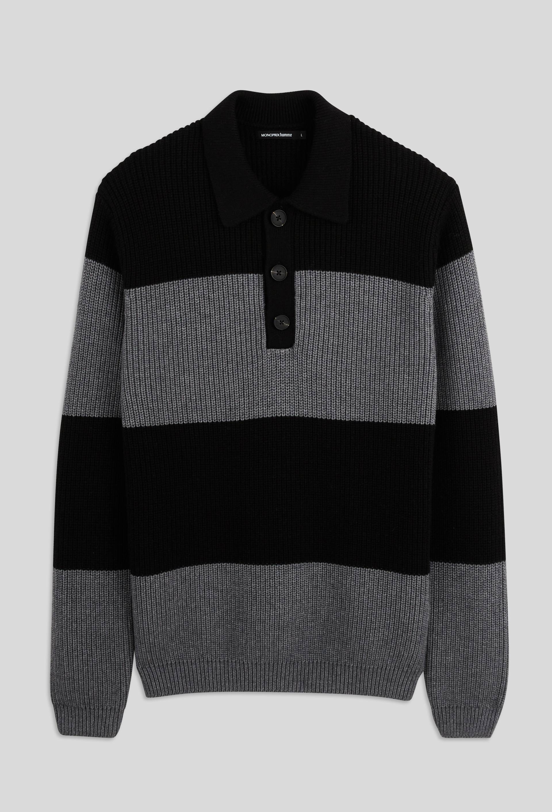 Pull polo c&ocirc;te perl&eacute;e ray&eacute;, Noir, large image number 2