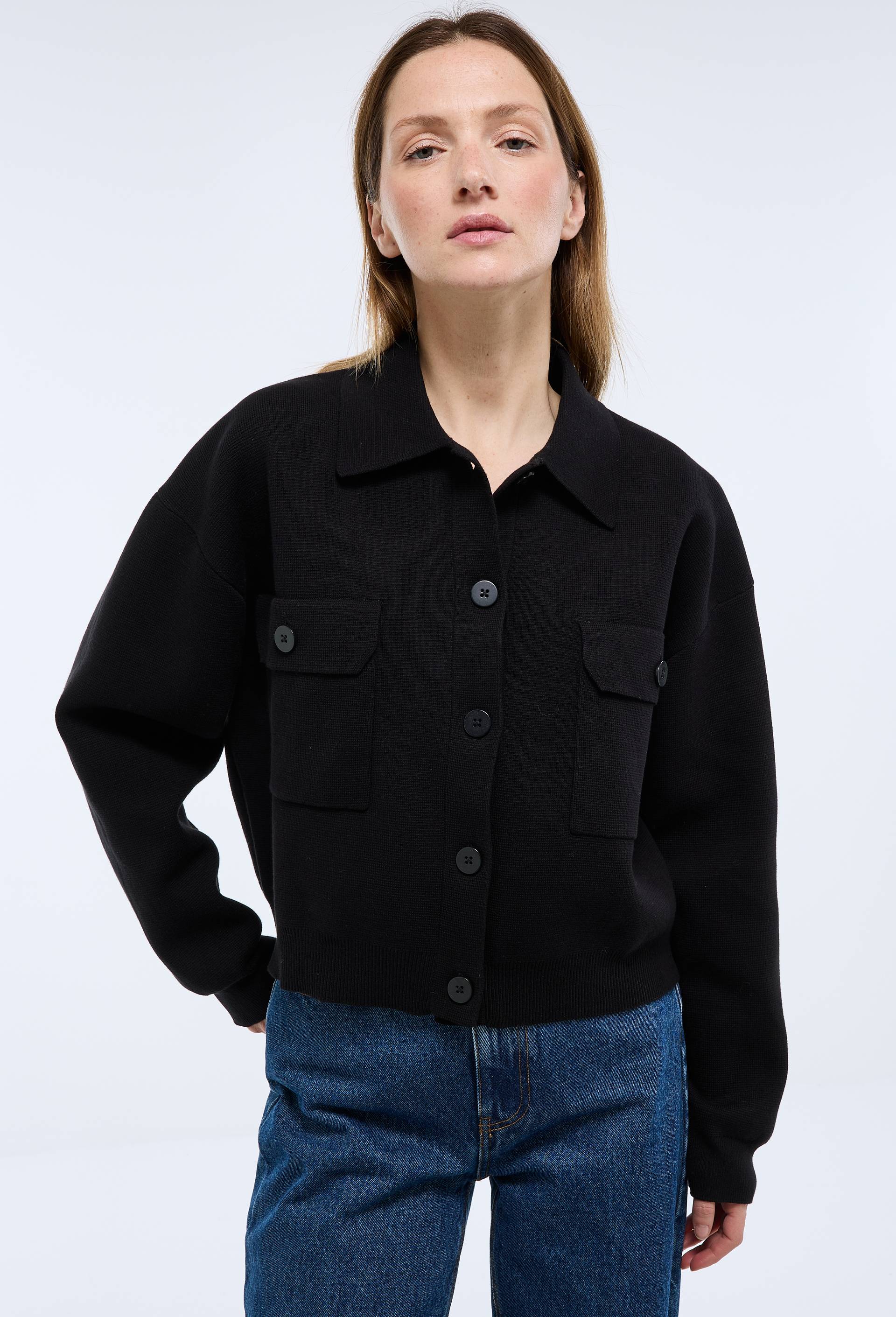 Veste en maille unie en coton BIO GOTS, Noir, swatch image
