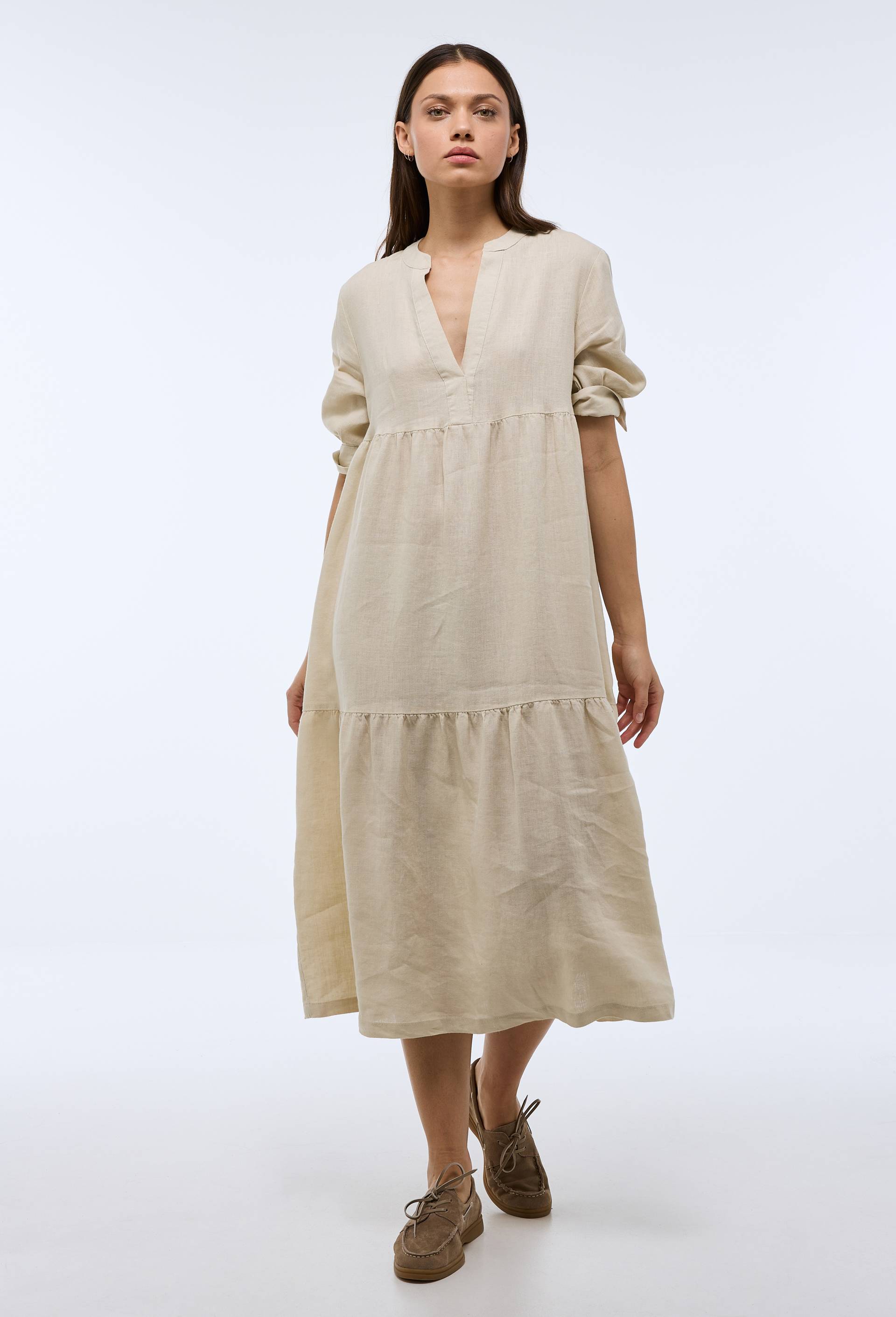 Robe midi ample unie en lin, Beige clair, swatch image
